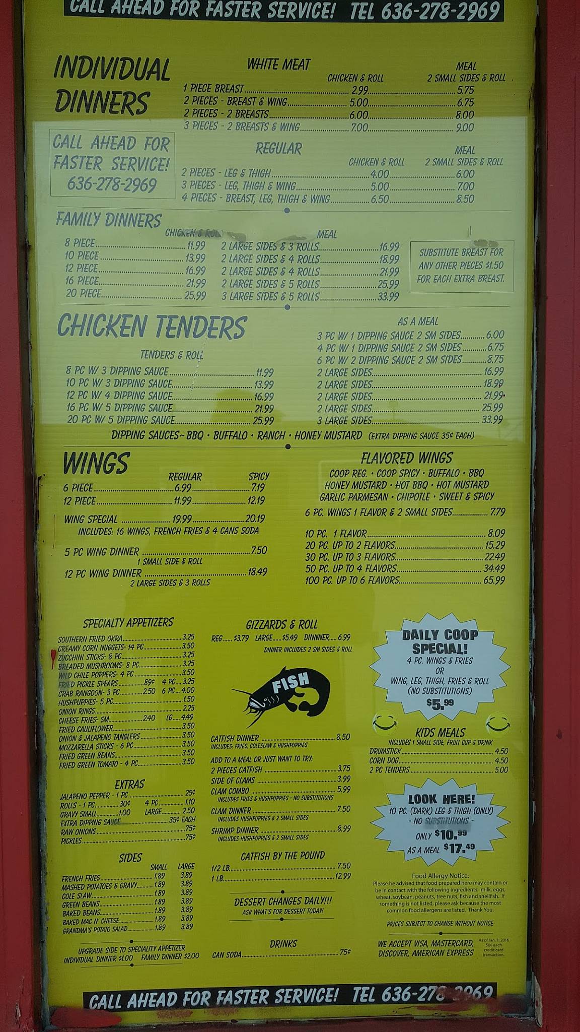Menu at Chicken Coop fast food, St. Peters