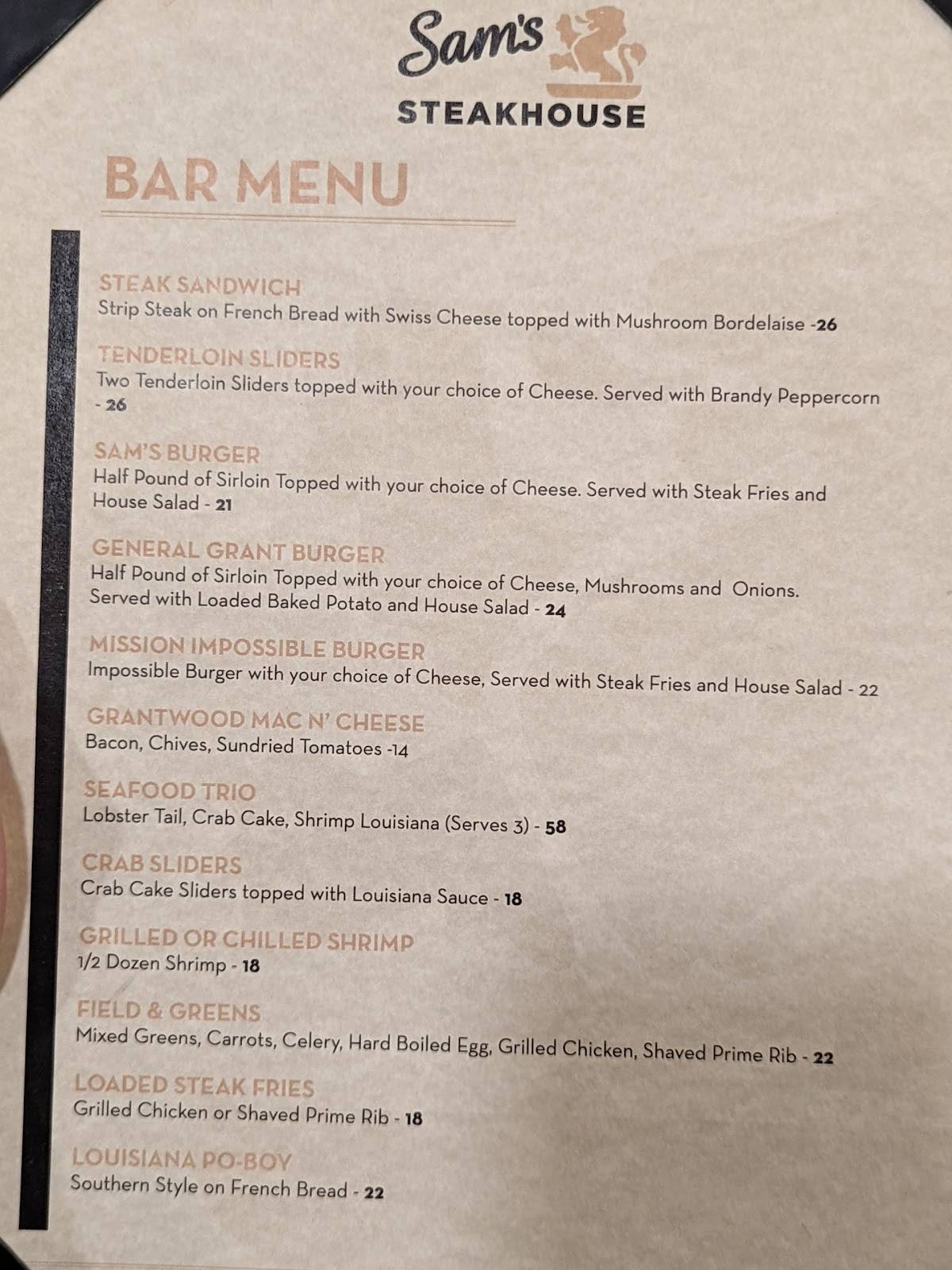 Menu at Sam's Steakhouse, St. Louis, Gravois Rd