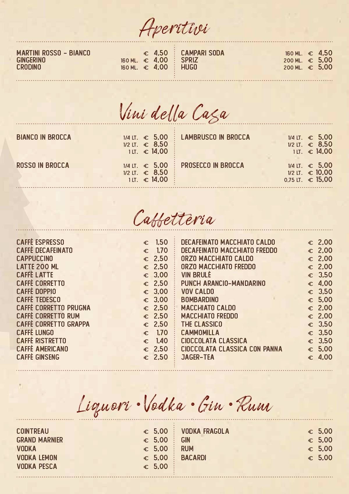 Menu di RISTORANTE PIZZERIA SKI BAR SAN CASSIANO 