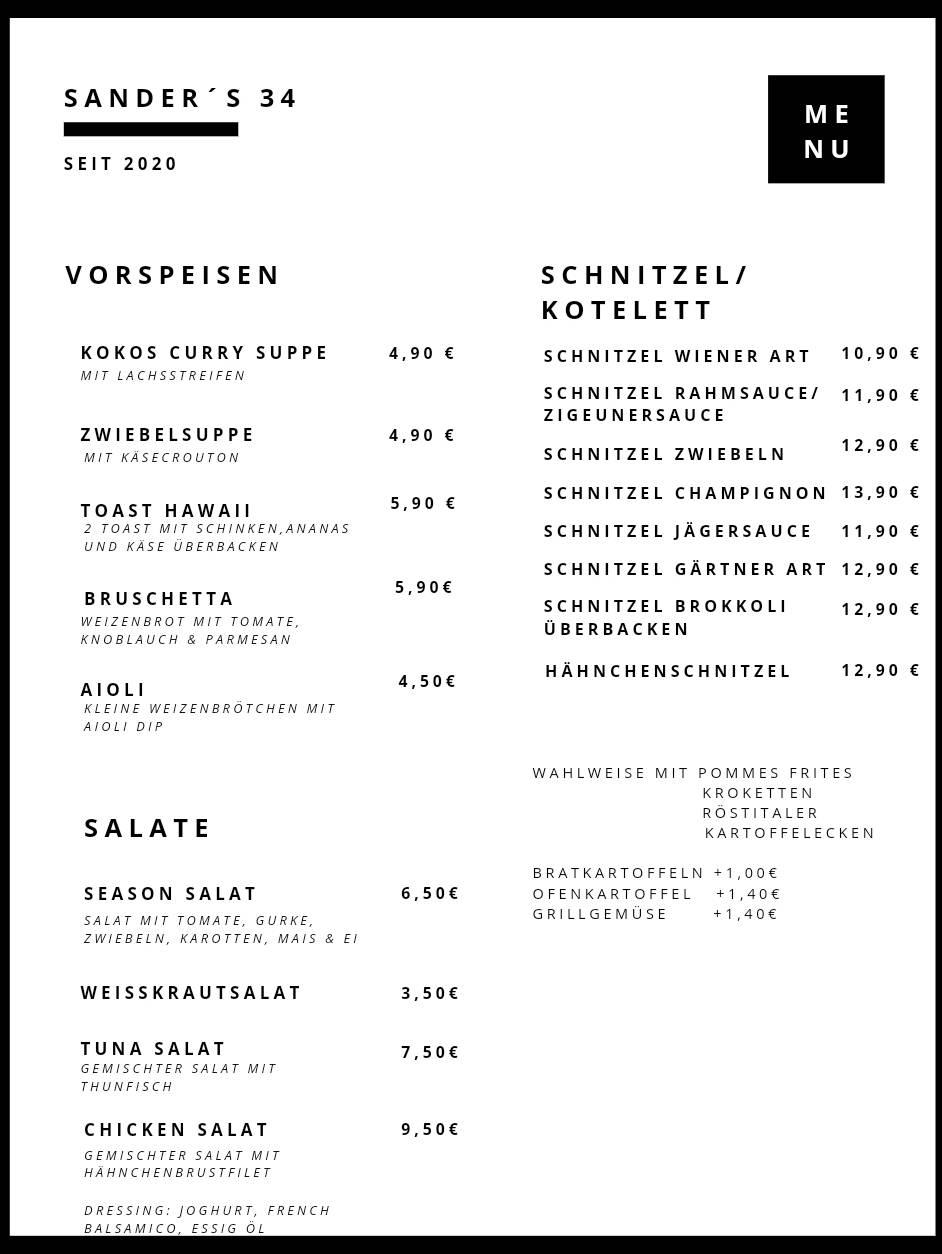 Speisekarte von Sander's 34 restaurant, Dinklage