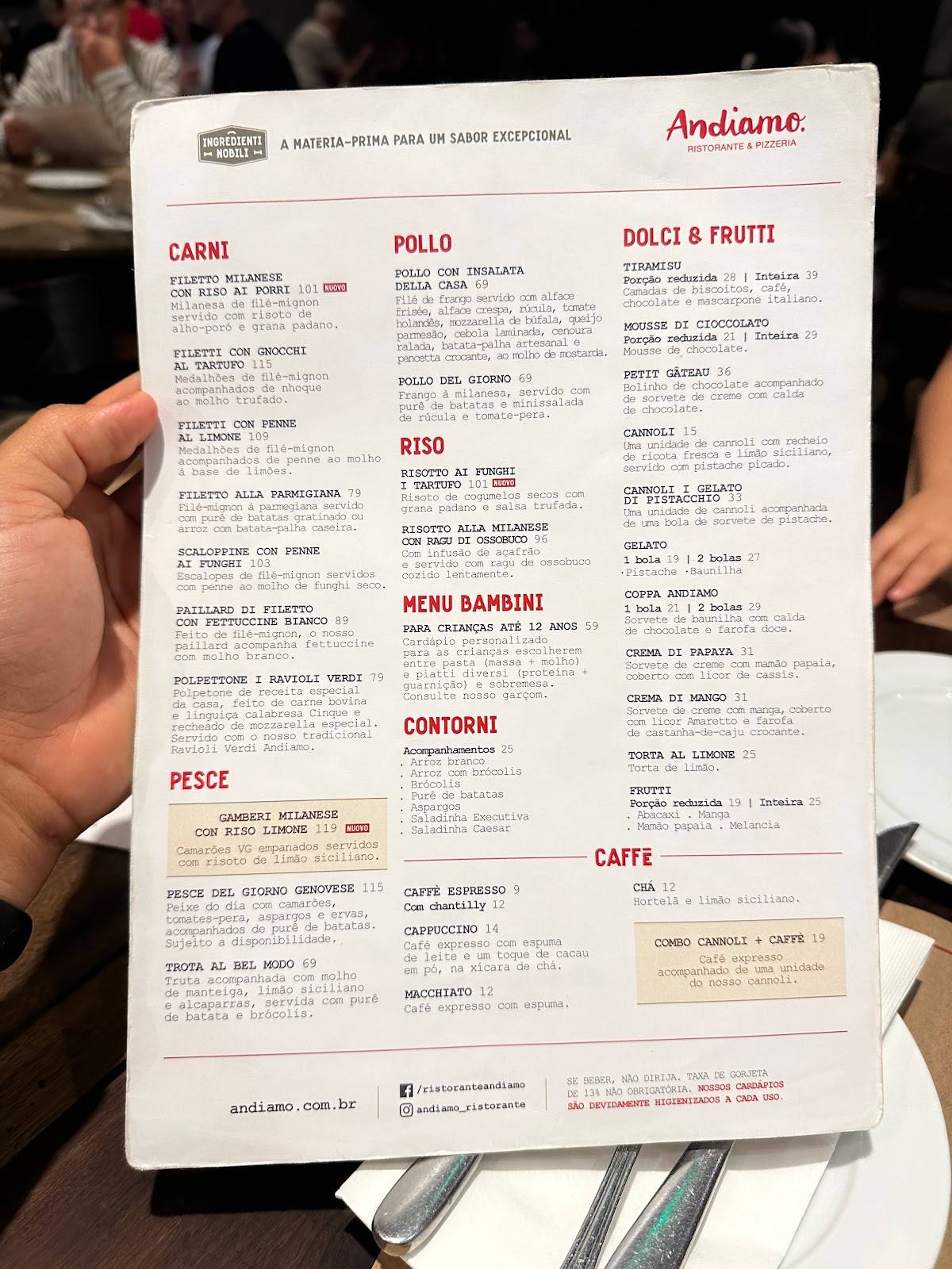 Andiamo Ristorante & Pizzeria Ibirapuera cardápio