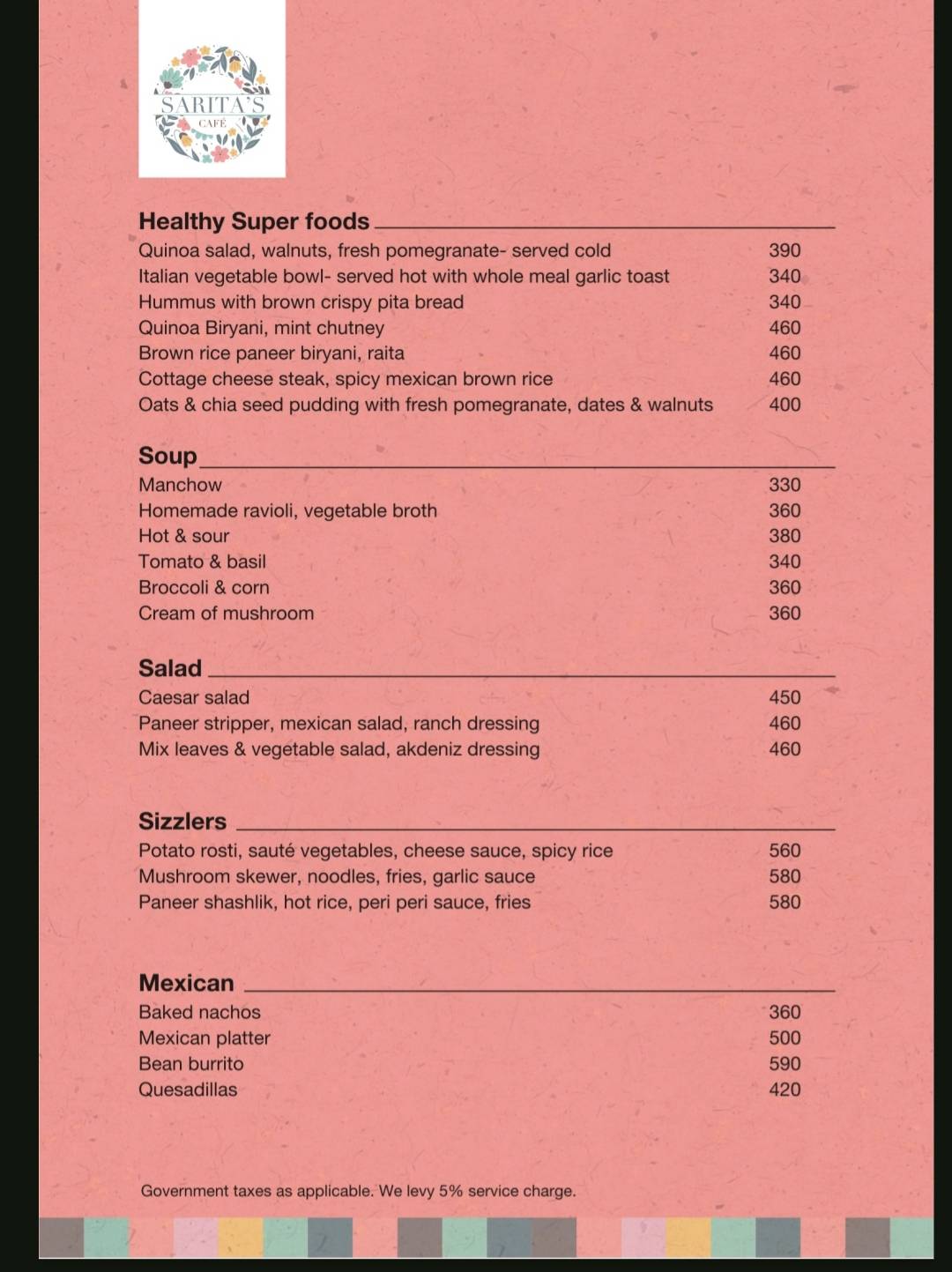 Sarita's Cafe menu