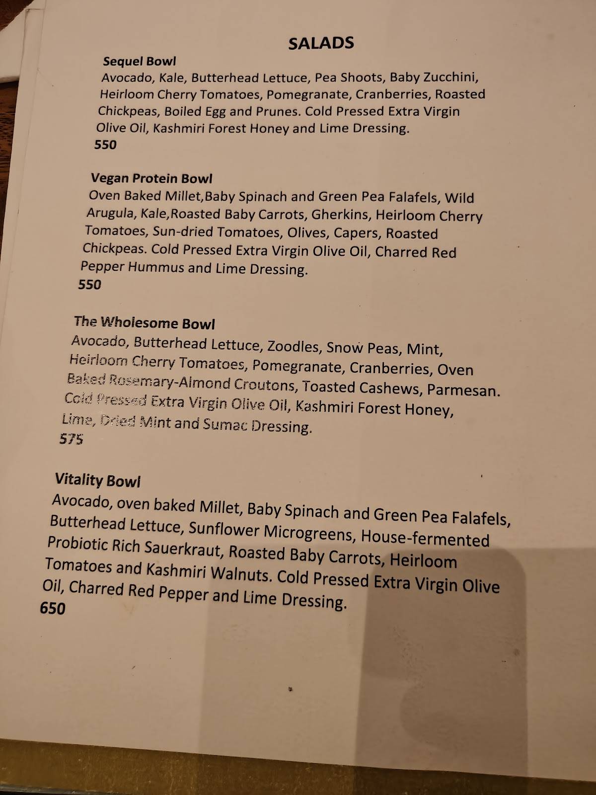 Sequel, Kala Ghoda menu
