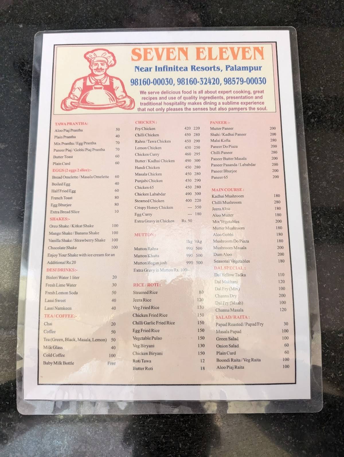 Seven Eleven Restaurant menu