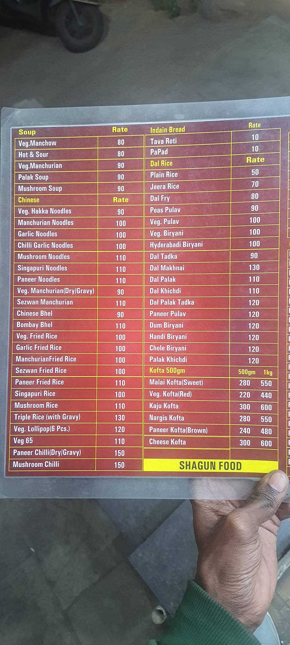 Shagun food Parcel menu