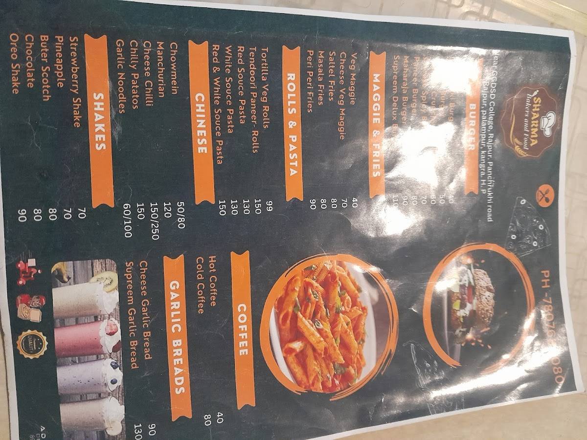 Sharma bakers and food menu