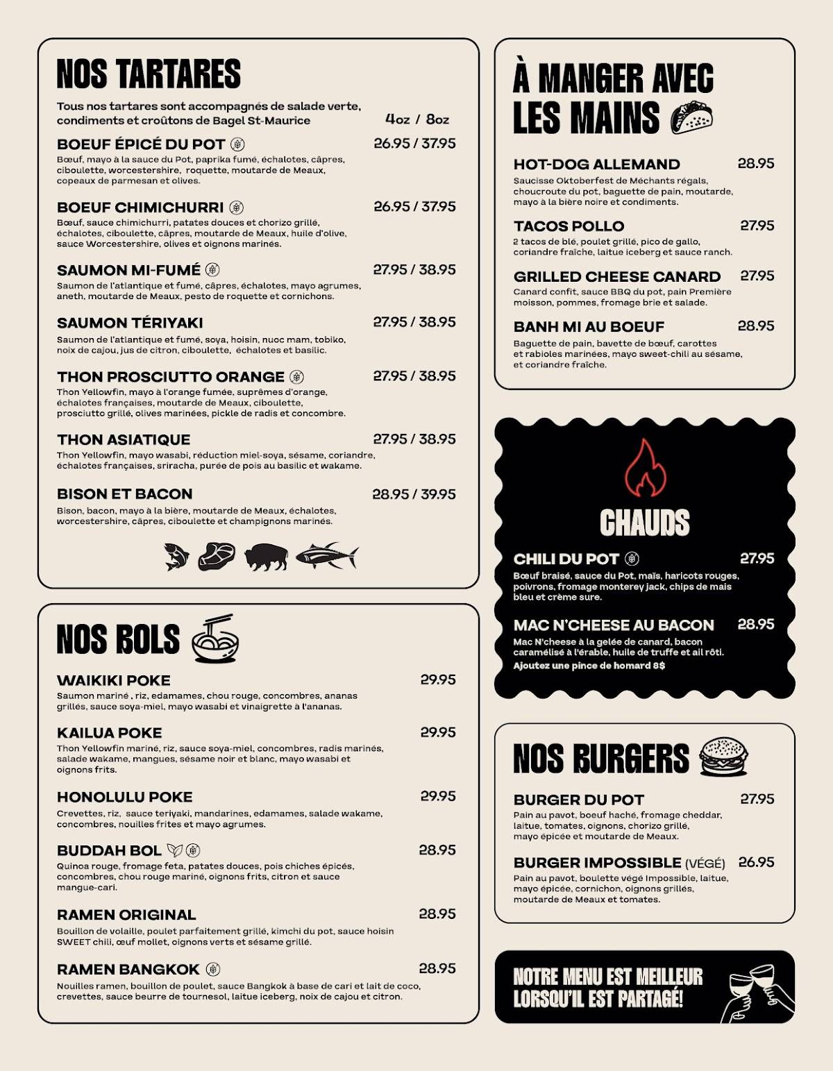Menu de Le Pot Papilles et Cocktails