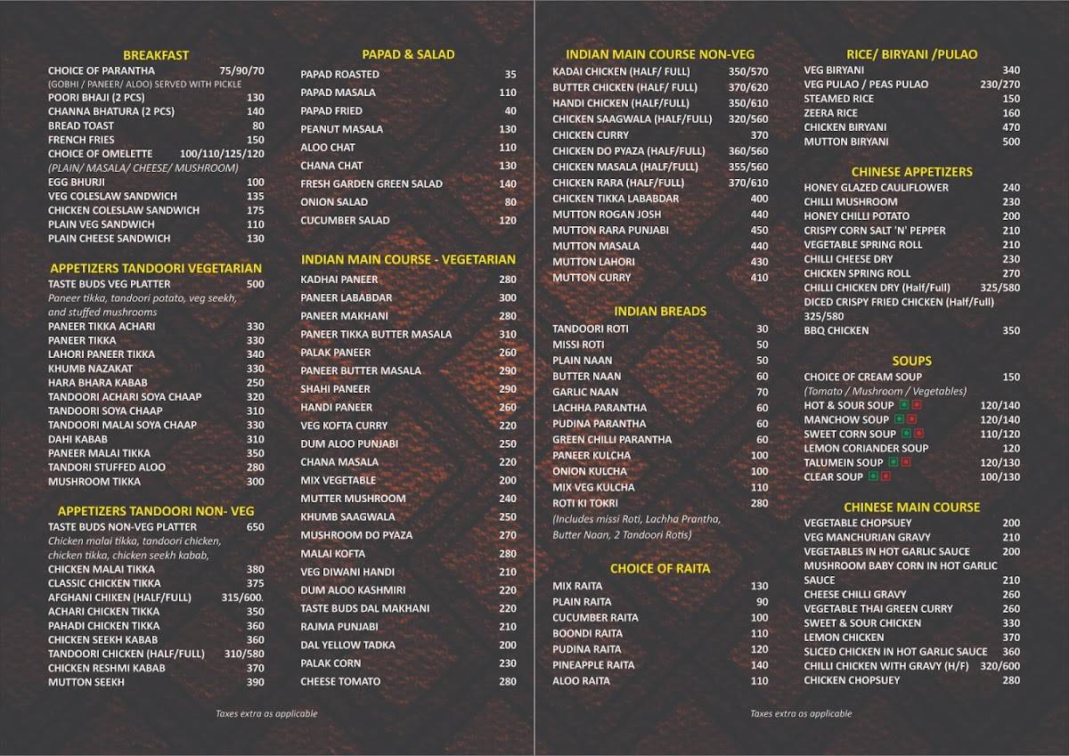 Taste Buds - Sweets Restaurants & Bakery menu