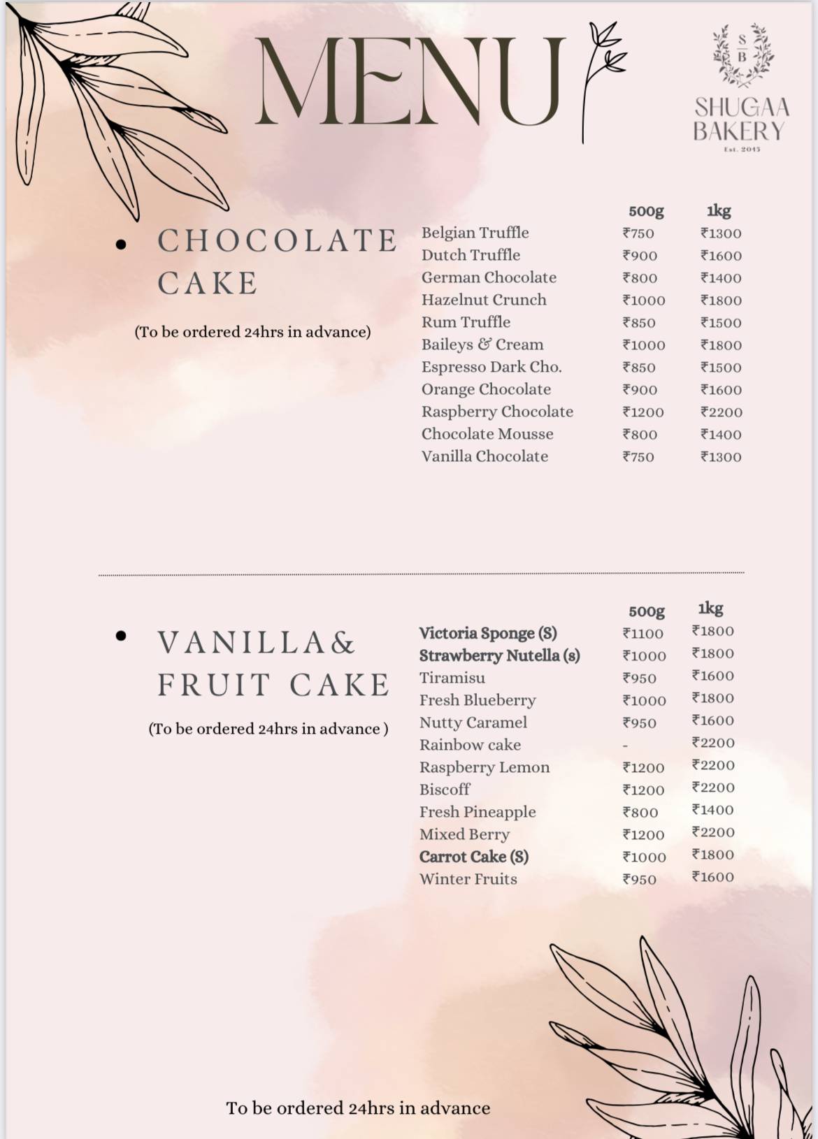 Shugaa Bakery menu