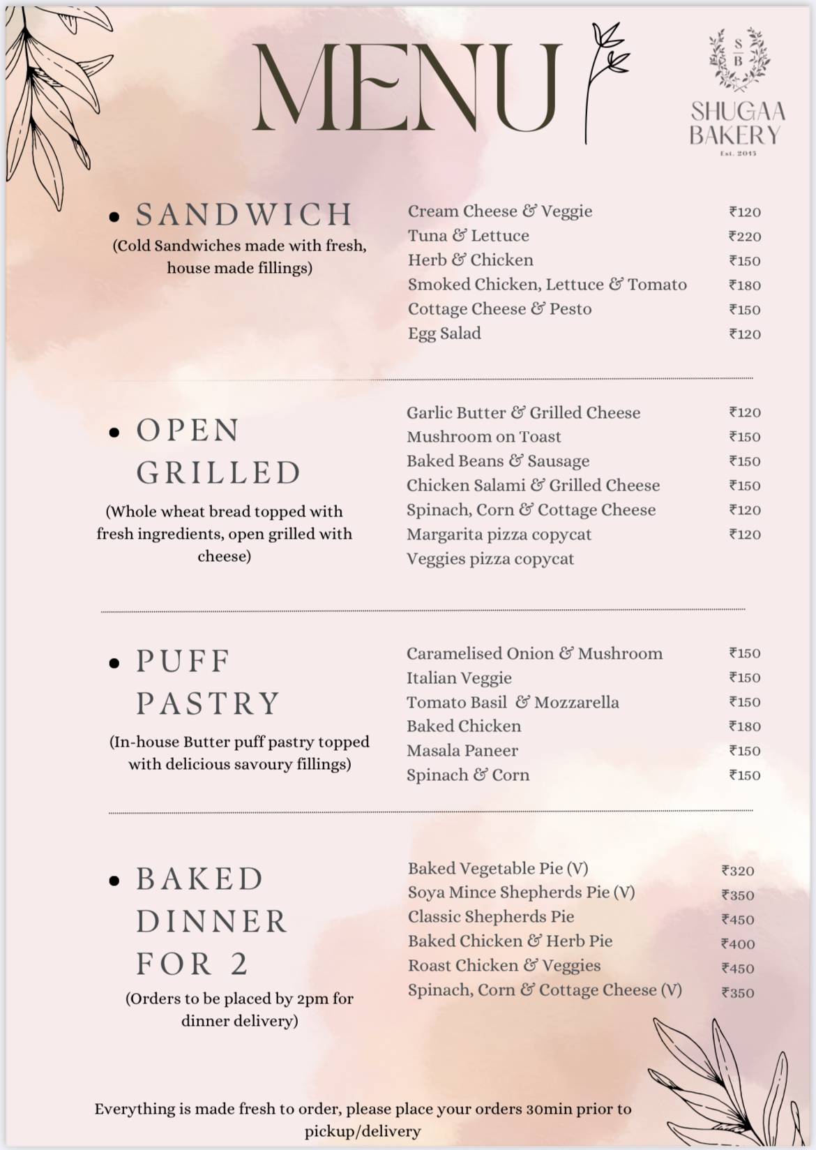 Shugaa Bakery menu