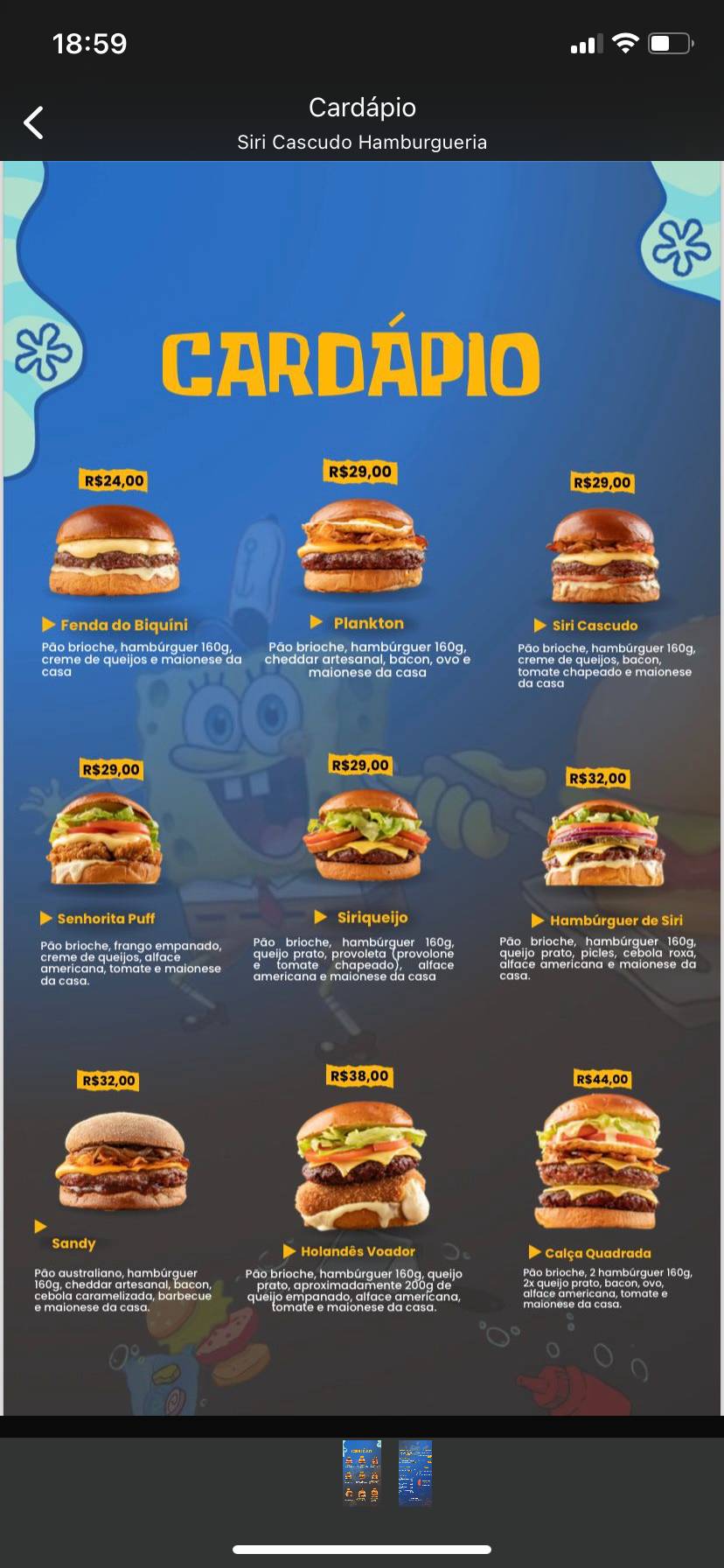 Siri Cascudo Hamburgueria cardápio