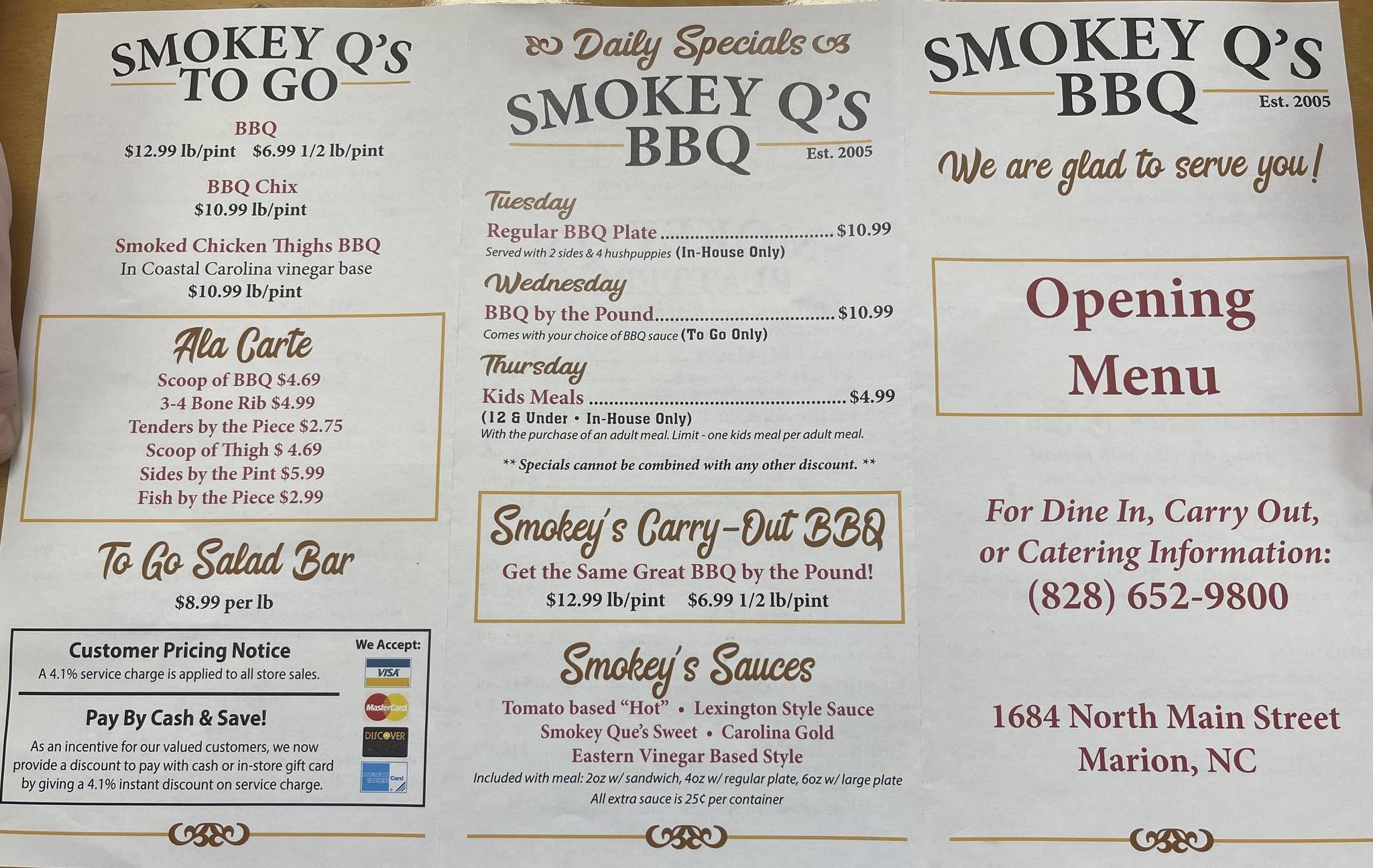Menu at Smokey Que's BBQ, Marion
