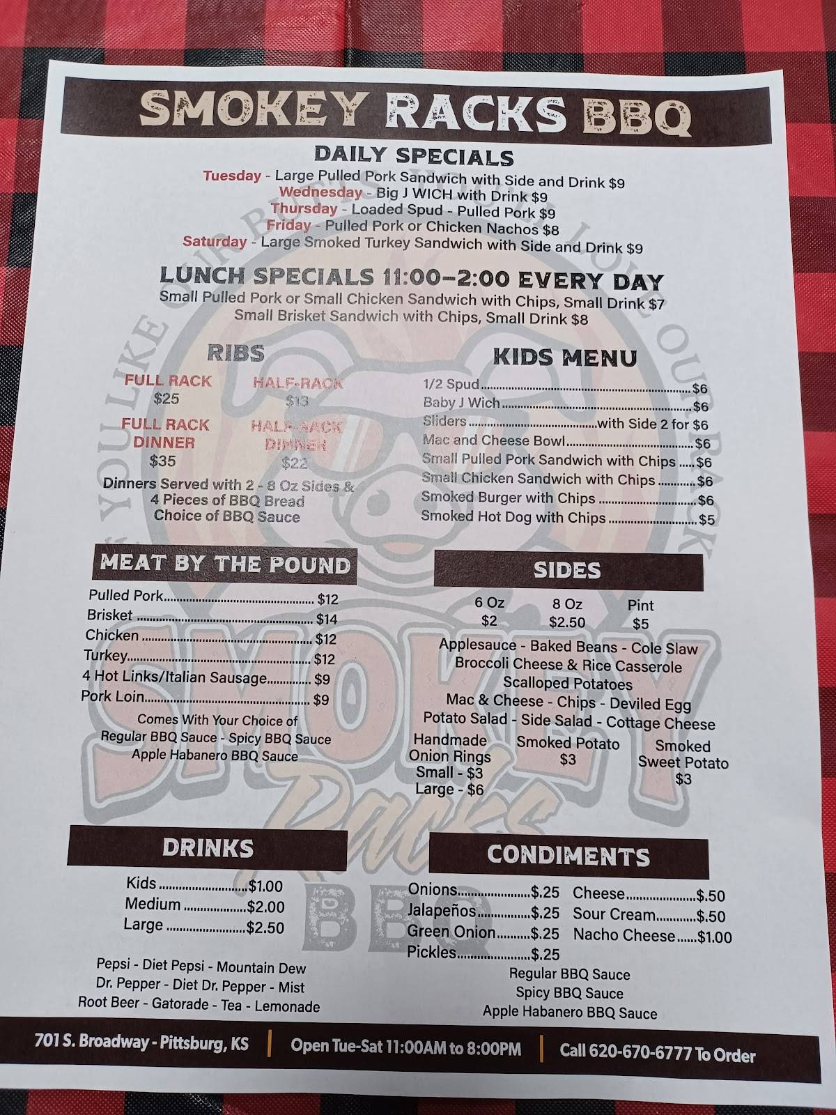 Menu at Smokey Racks BBQ, Pittsburg, 701 S Broadway St