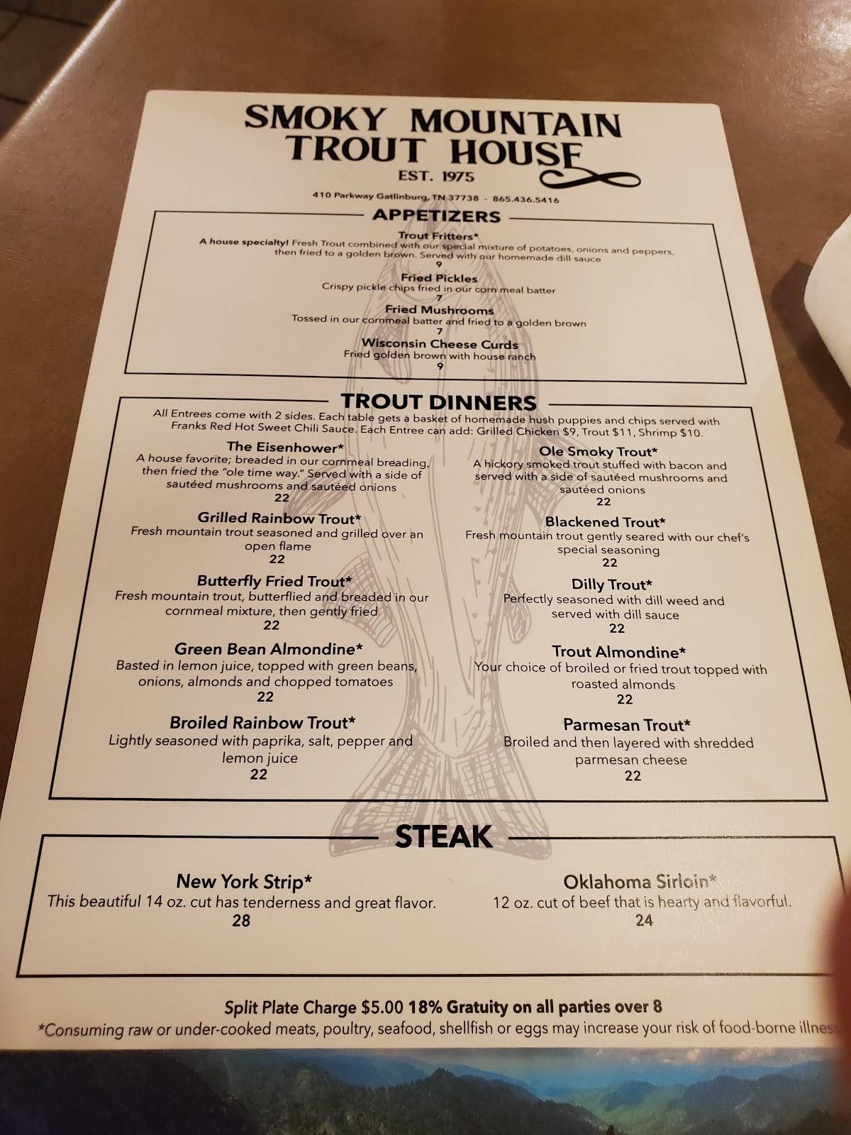 Menu at Smoky Mountain Trout House restaurant, Gatlinburg, 410 Parkway