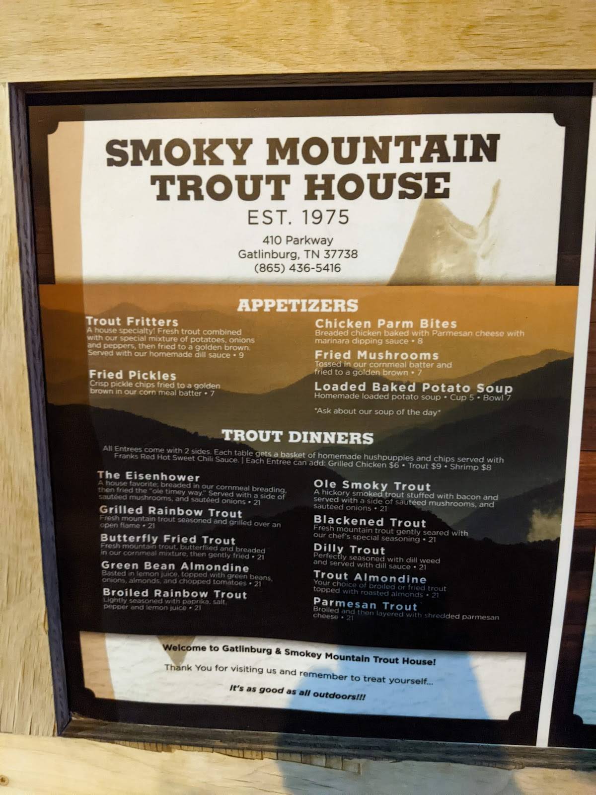 Menu at Smoky Mountain Trout House restaurant, Gatlinburg, 410 Parkway