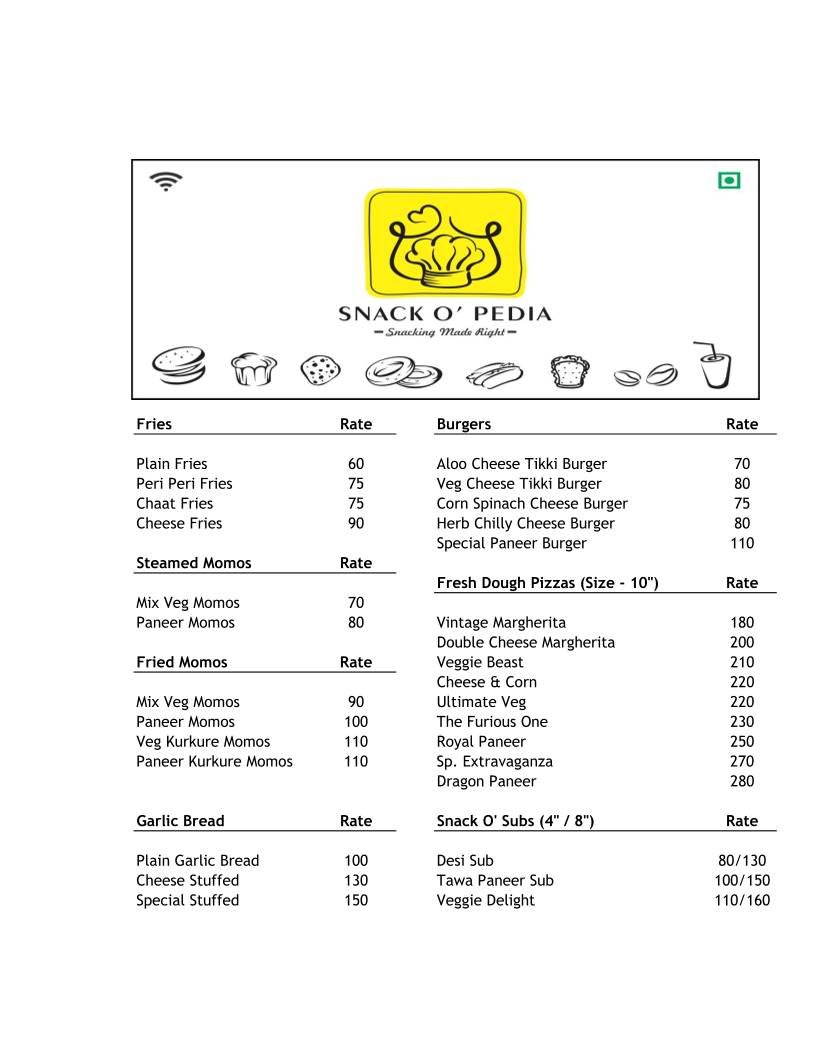 Snack O' Pedia menu