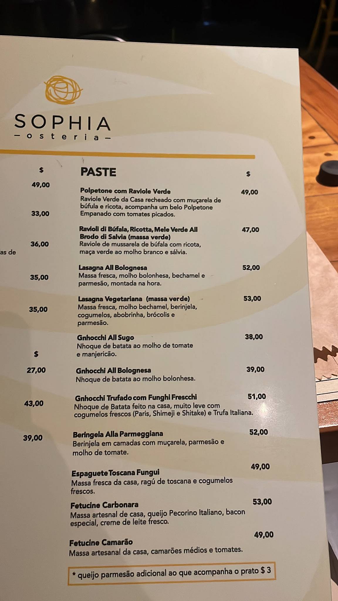 Sophia cardápio