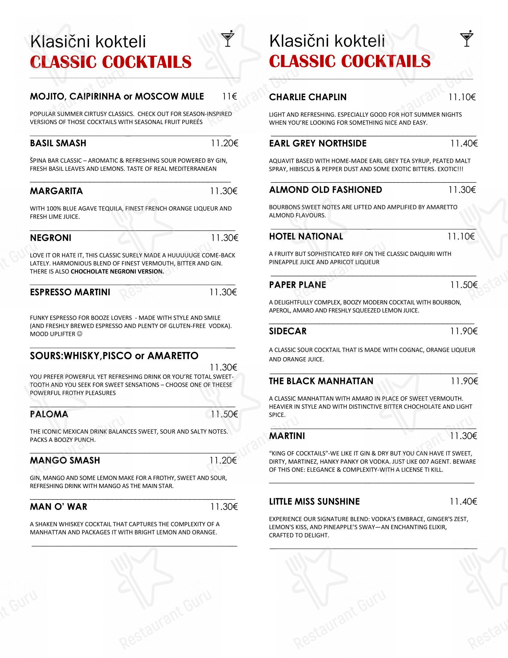 Menu di Špina bar - Menu