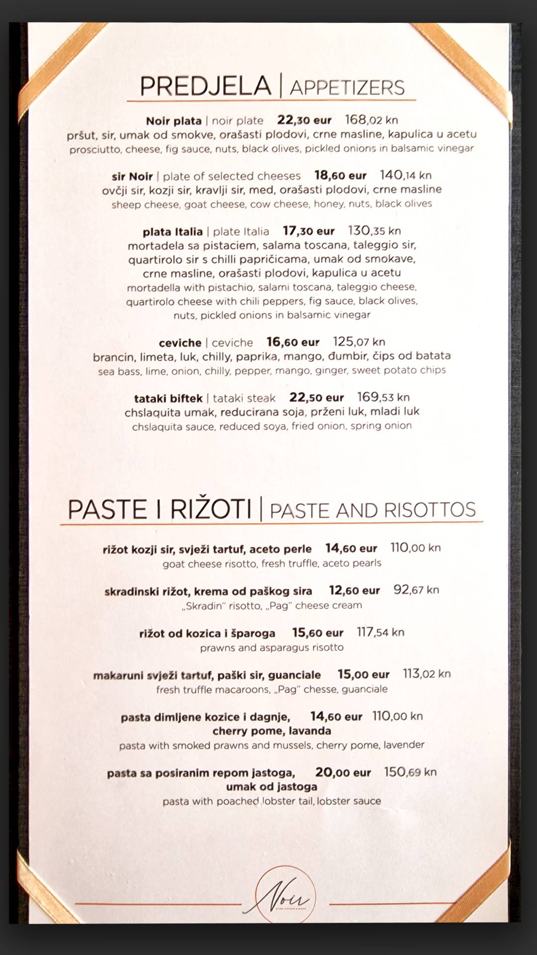 Menu di NOIR RESTAURANT SPLIT 