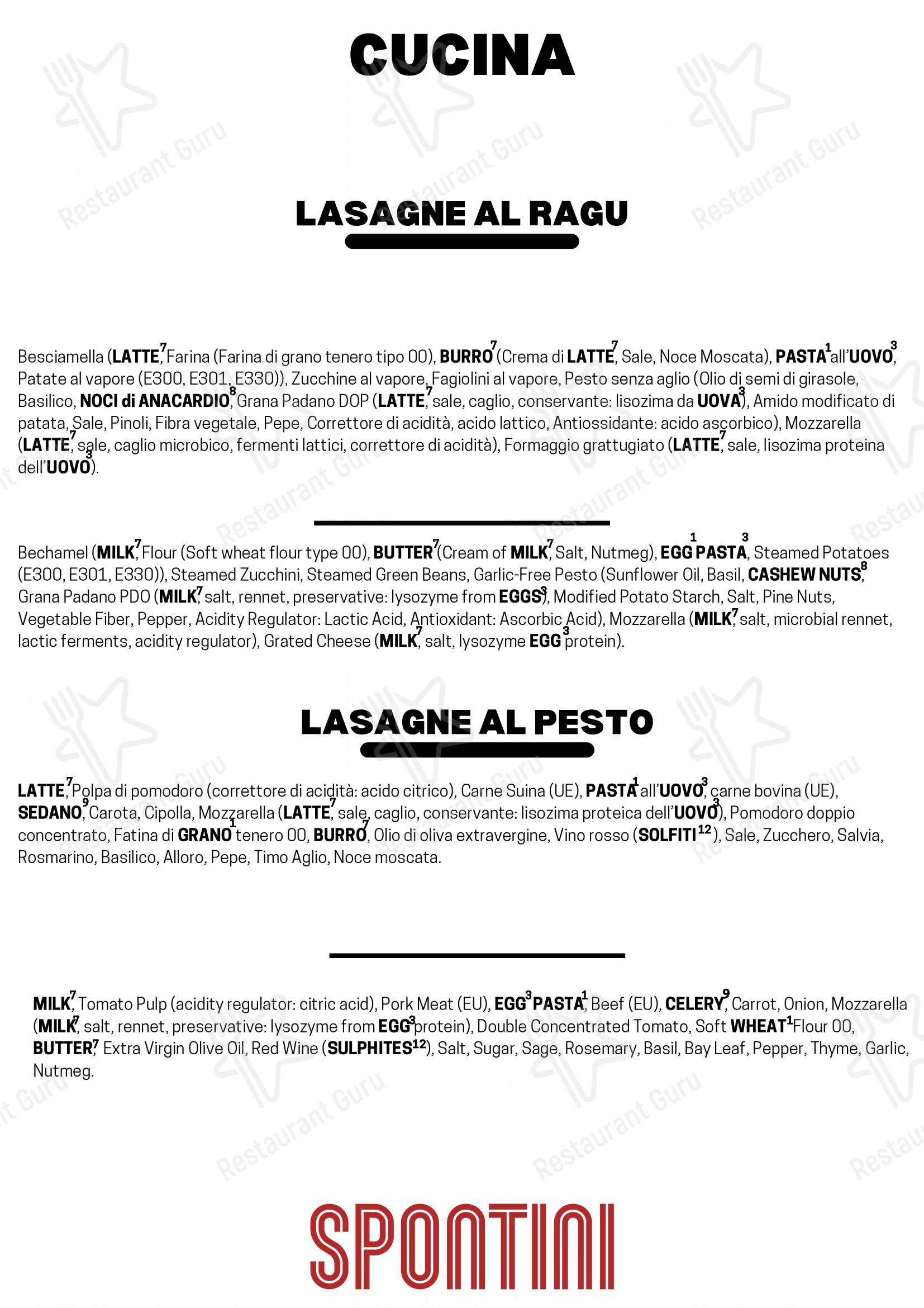 Menu per Spontini Milano 1953 pizzeria