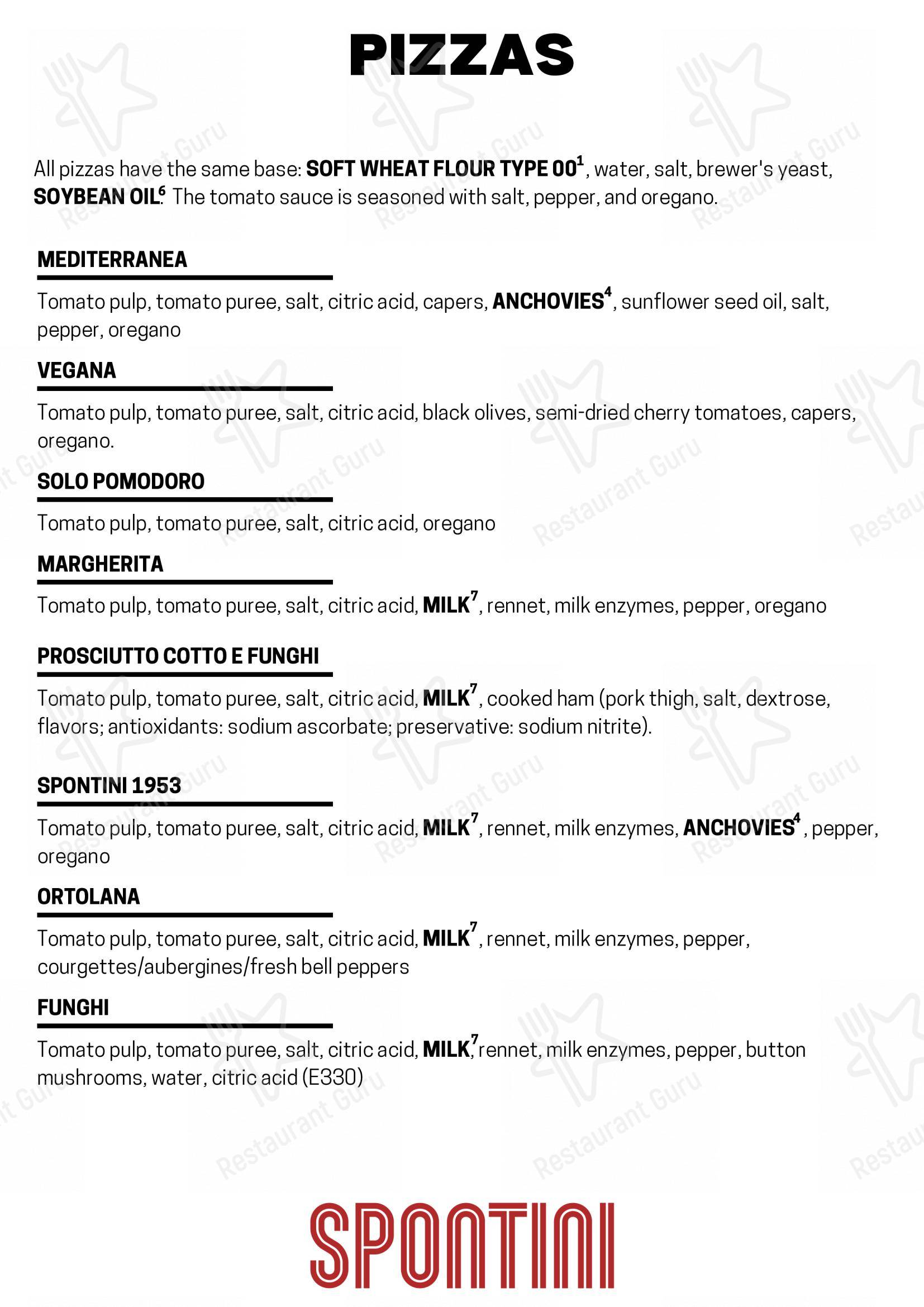 Menu per Spontini Milano 1953 pizzeria