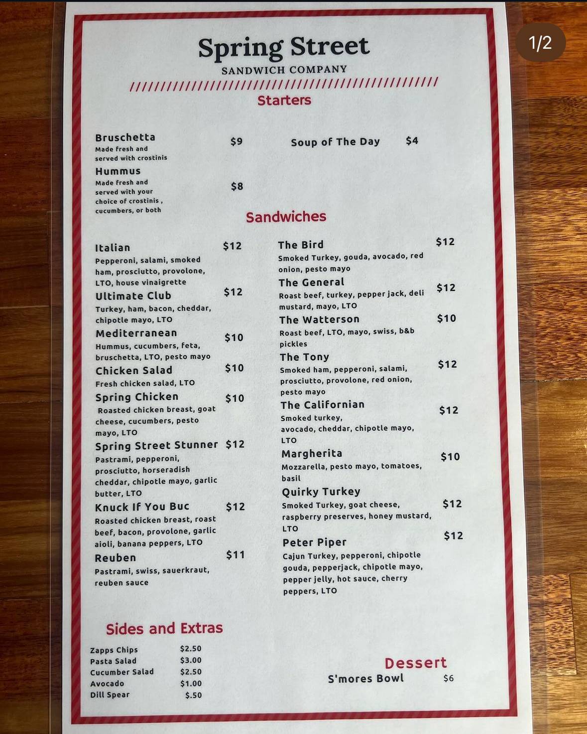 Menu at Spring Street Sandwich Company pub & bar, Johnson City