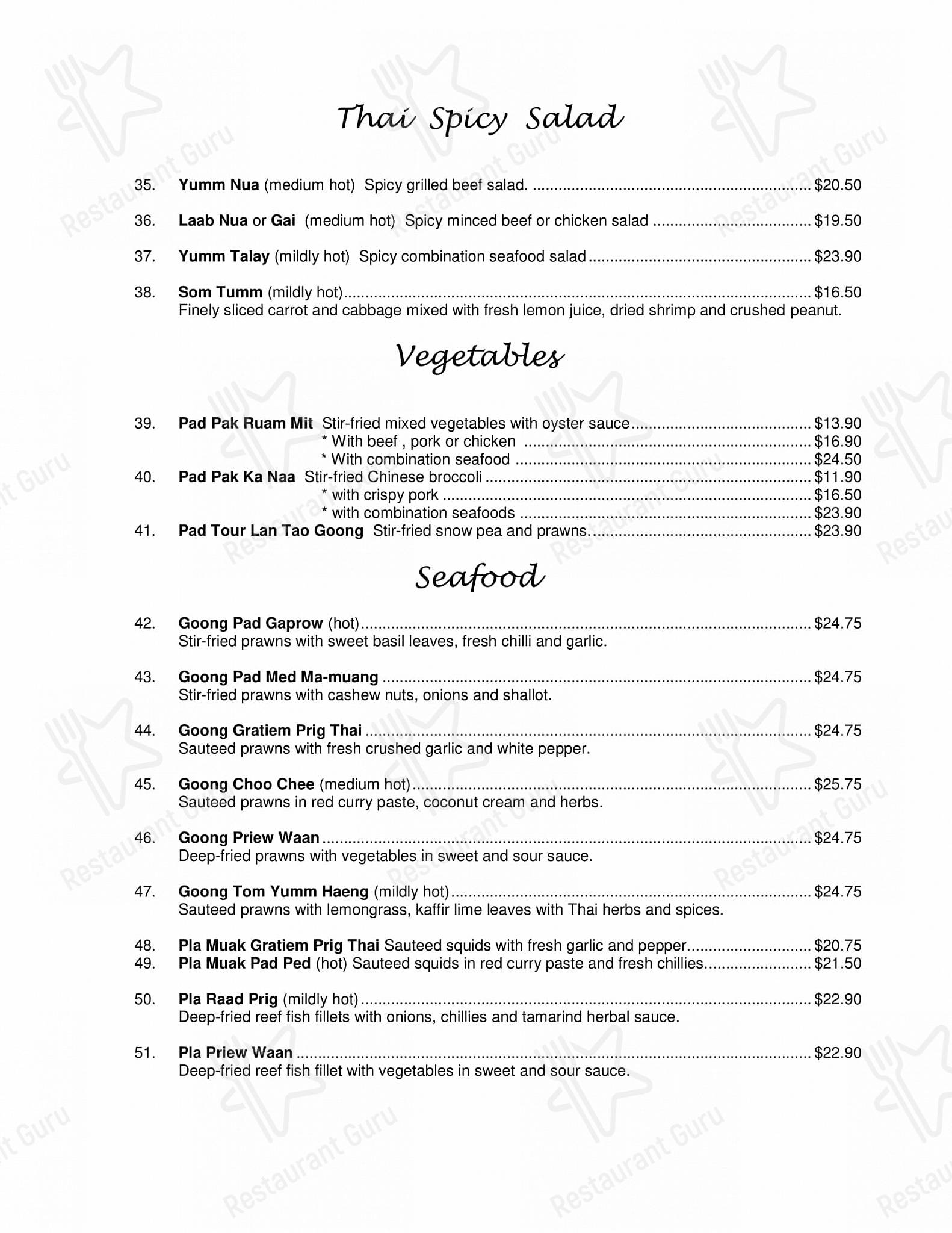 Baan Thai Restaurant menu