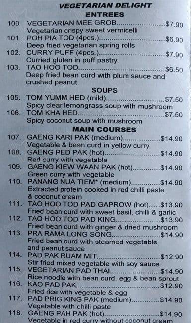 Baan Thai Restaurant menu