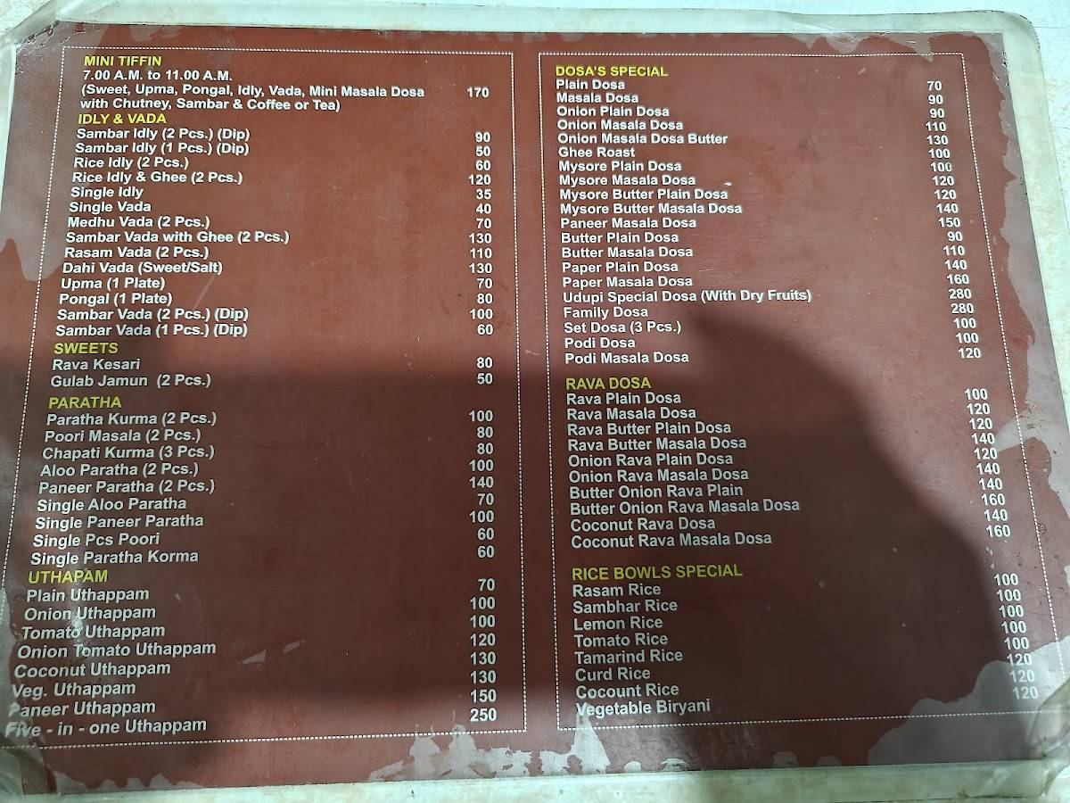 Sri Krishna Udupi menu