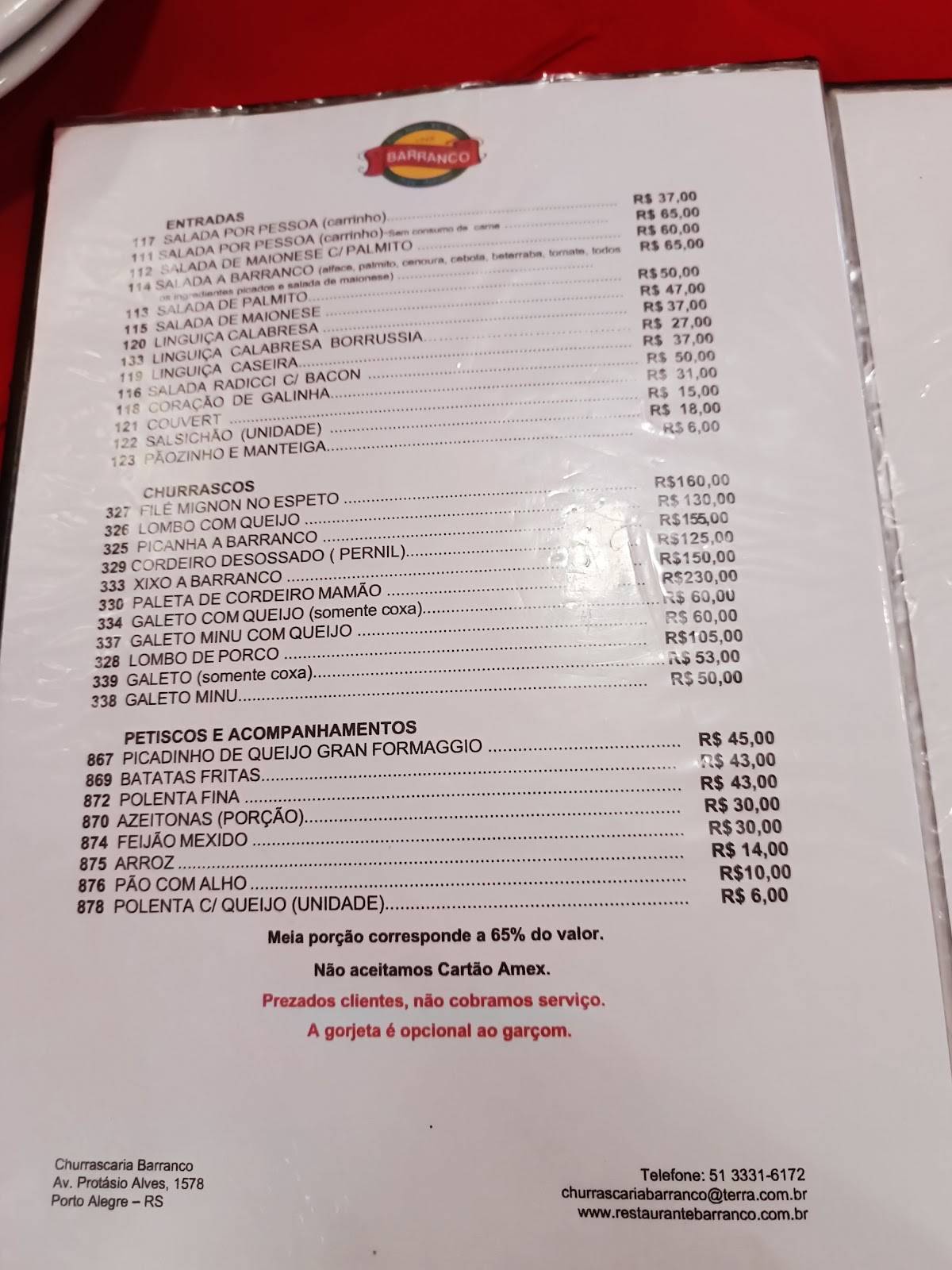 Barranco cardápio