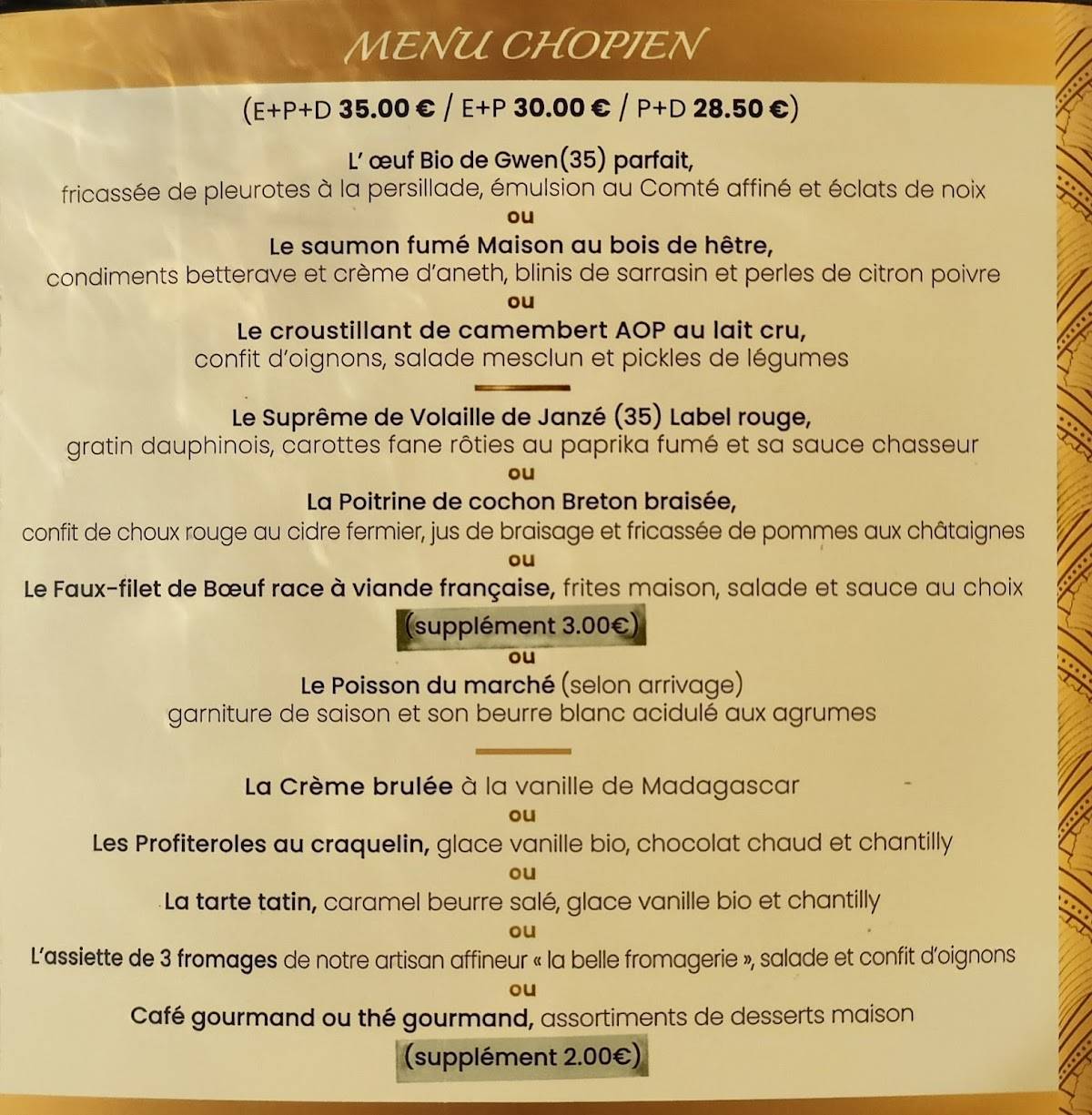Menu de La Chope