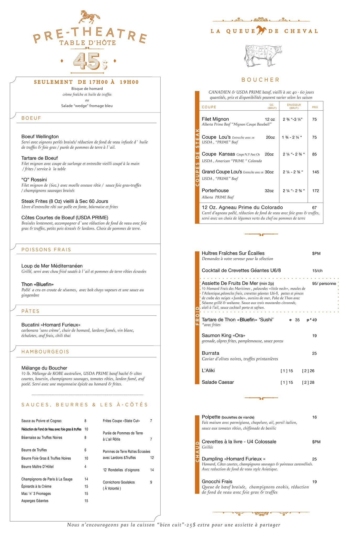 Menu de LA QUEUE DE CHEVAL STEAKHOUSE, BAR AND LOUNGE