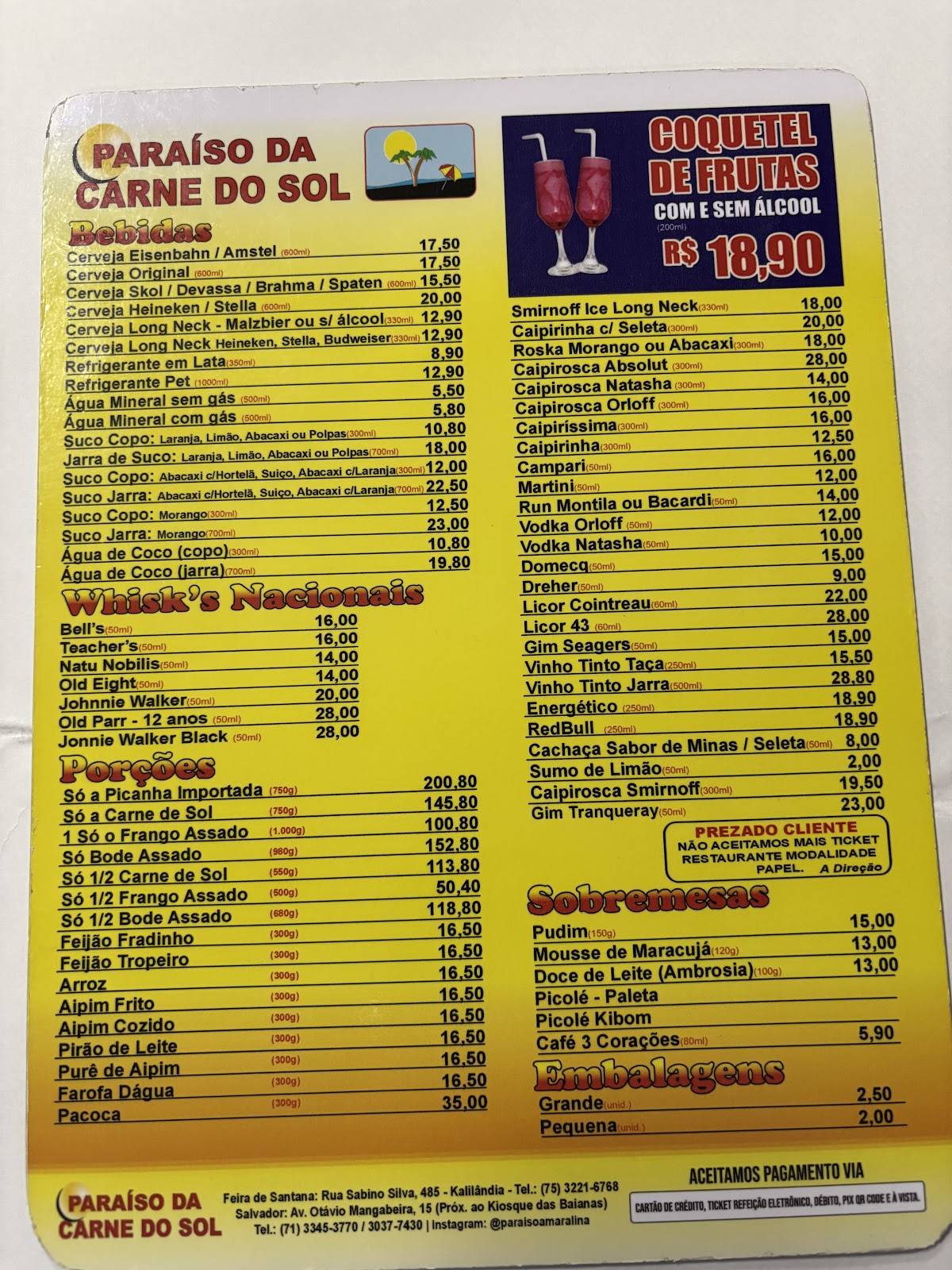 Restaurante Paraíso Da Carne De Sol cardápio