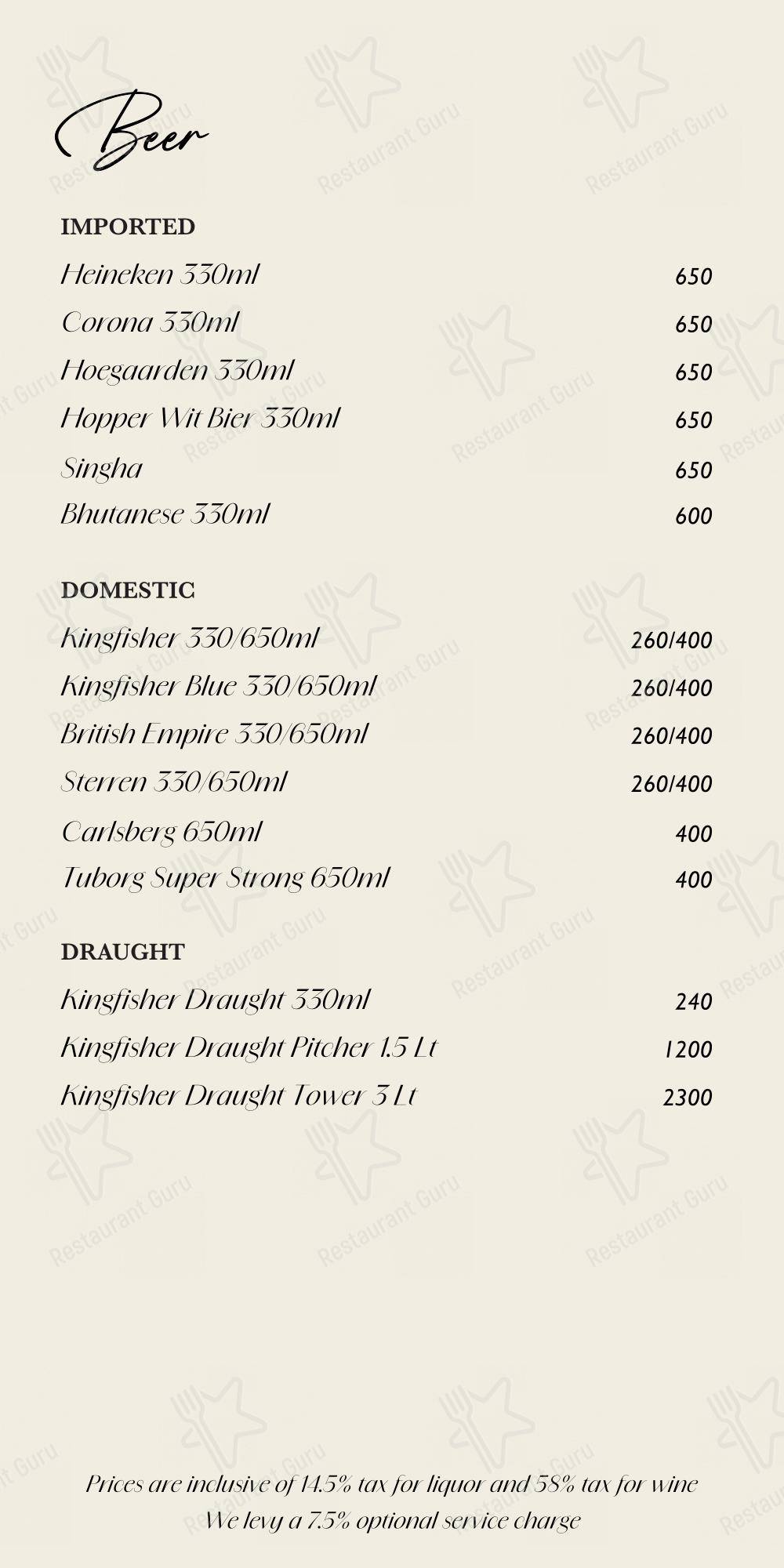 Menu bar for the Sterling by Madras Square Restobar in Nungambakkam restaurant