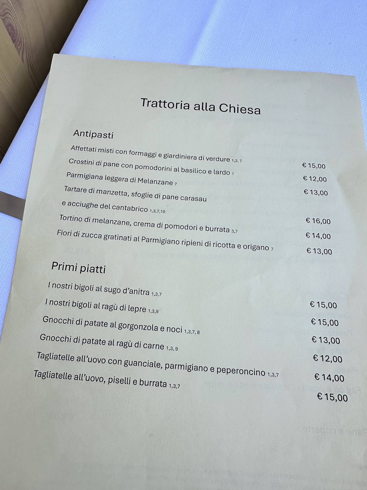 Menu di Trattoria alla Chiesa 
