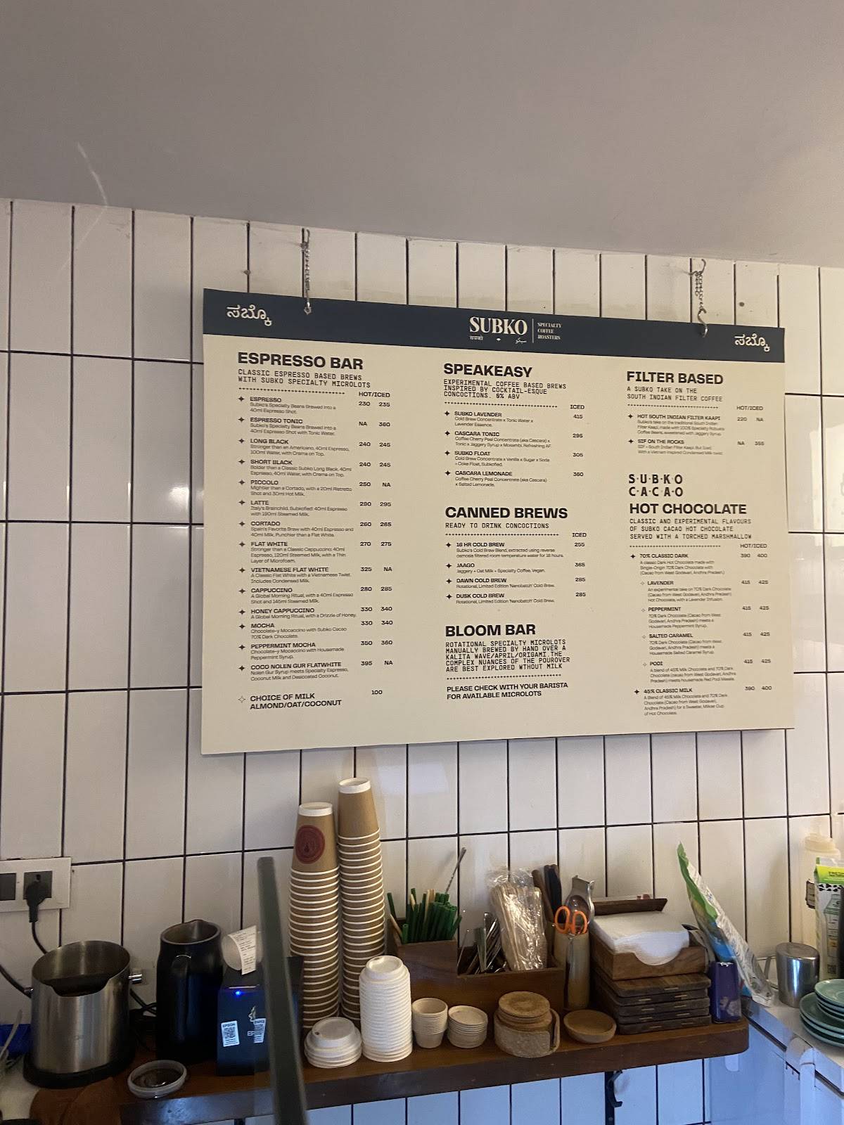 Subko Mini at Bombay Shirt Company, Indiranagar menu