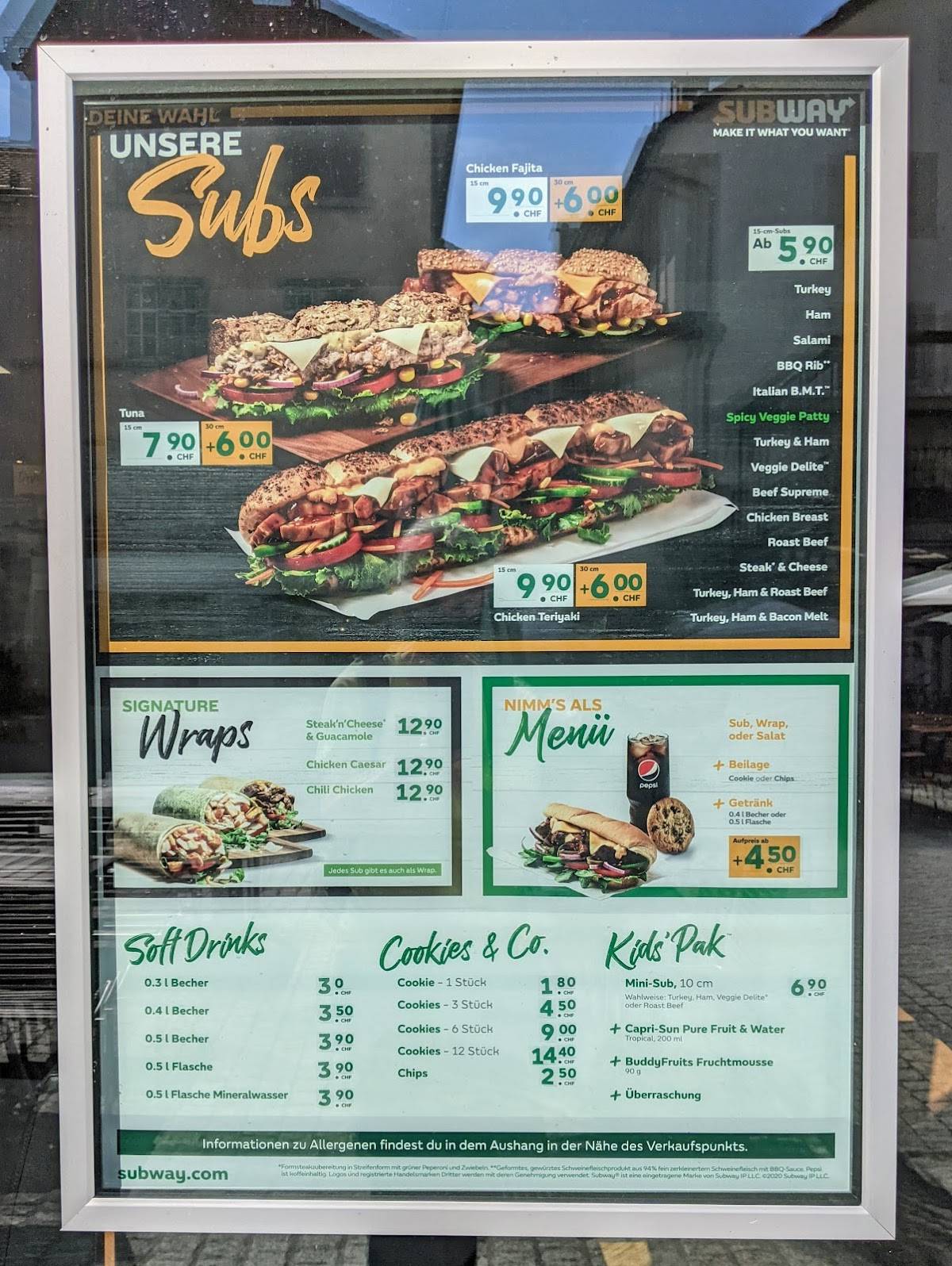 Menu de Subway