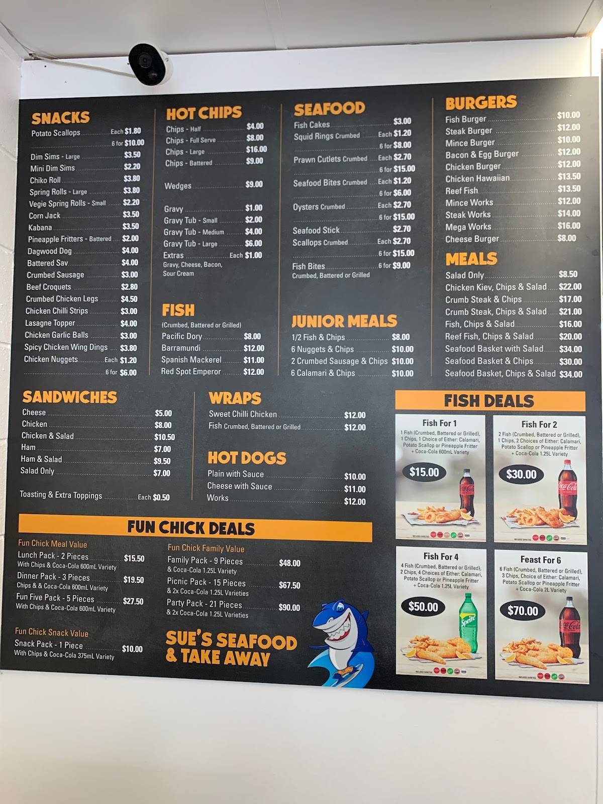 Menu at Sue's Seafood & Takeaway fast food, Sarina