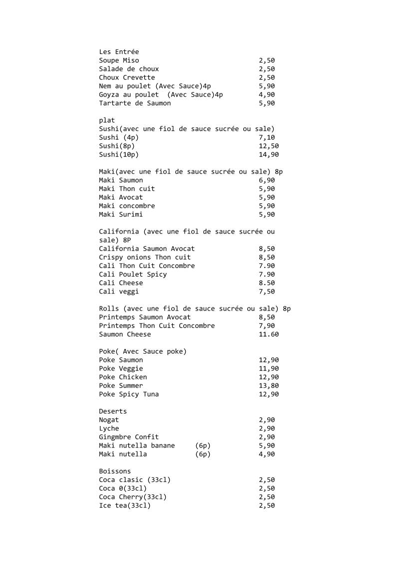Menu de Sushi & champagne