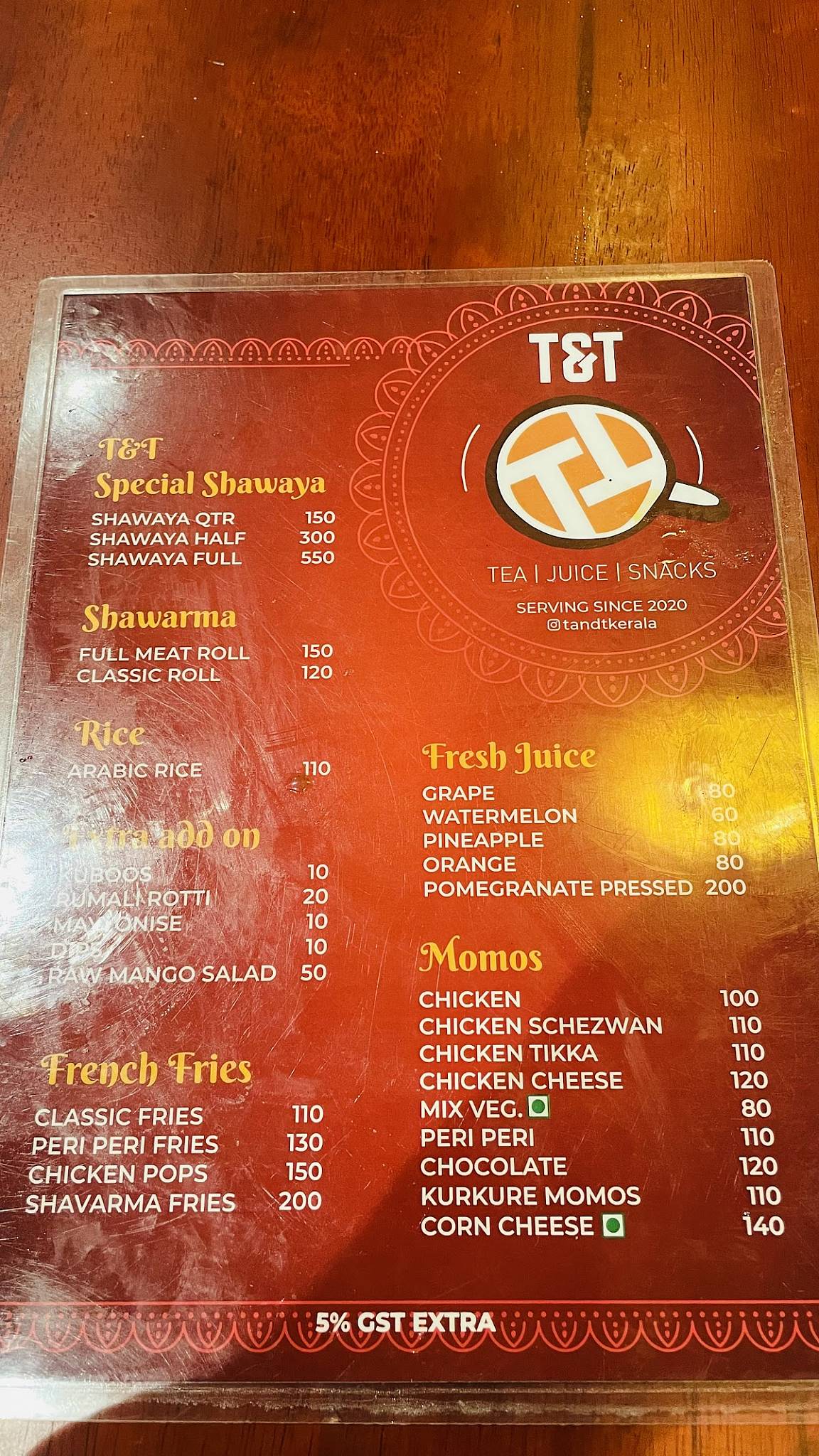 T&T CALICUT menu
