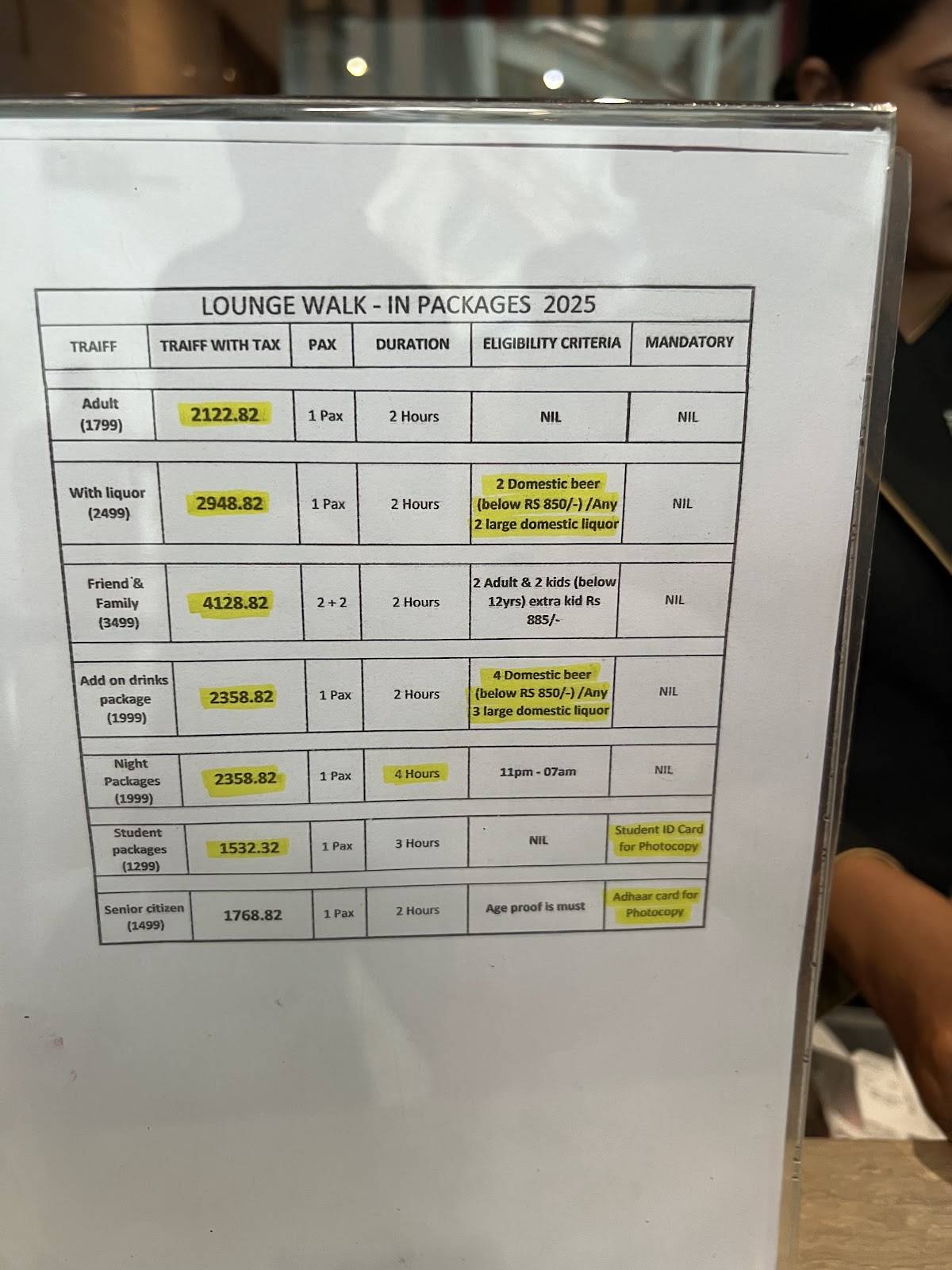 TFS Lounge menu