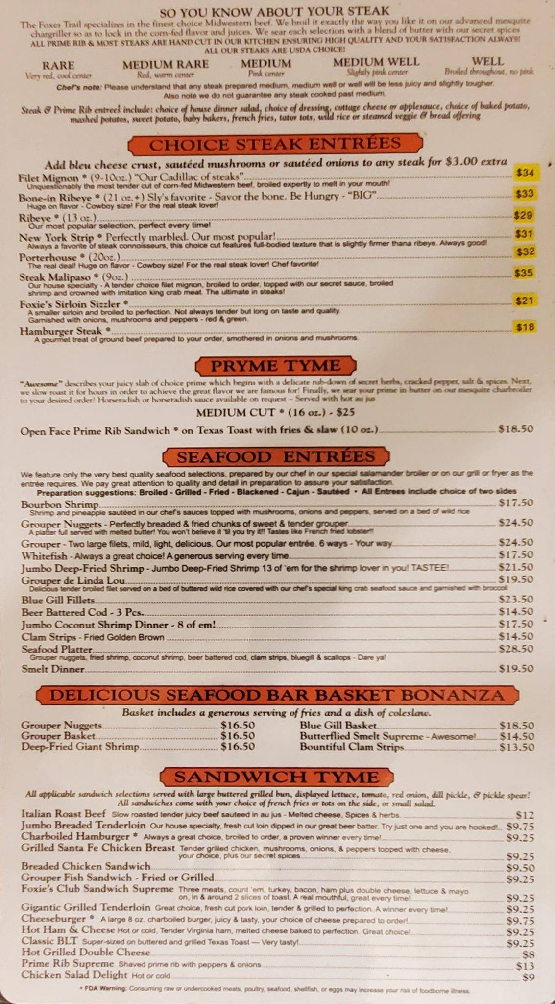 Menu at THE FOXES TRAILS pub & bar, Kokomo