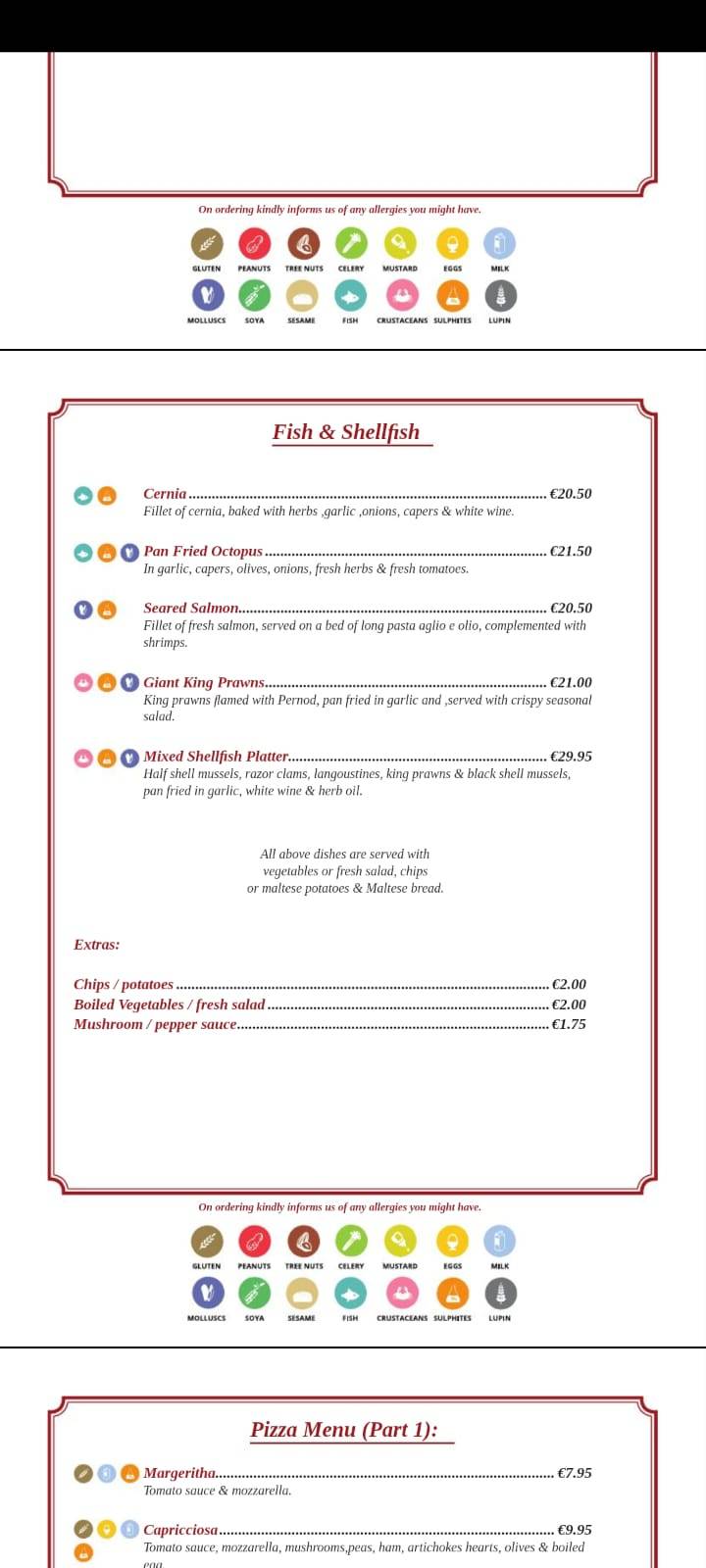Menu de Ta' Klariċċ Restaurant