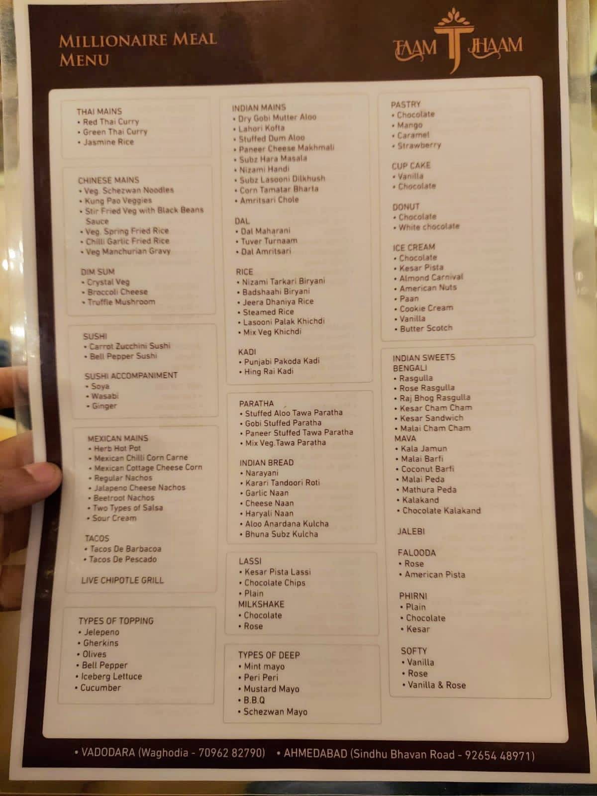 Taam Jhaam, Sindhu Bhavan Road, Ahmedabad menu