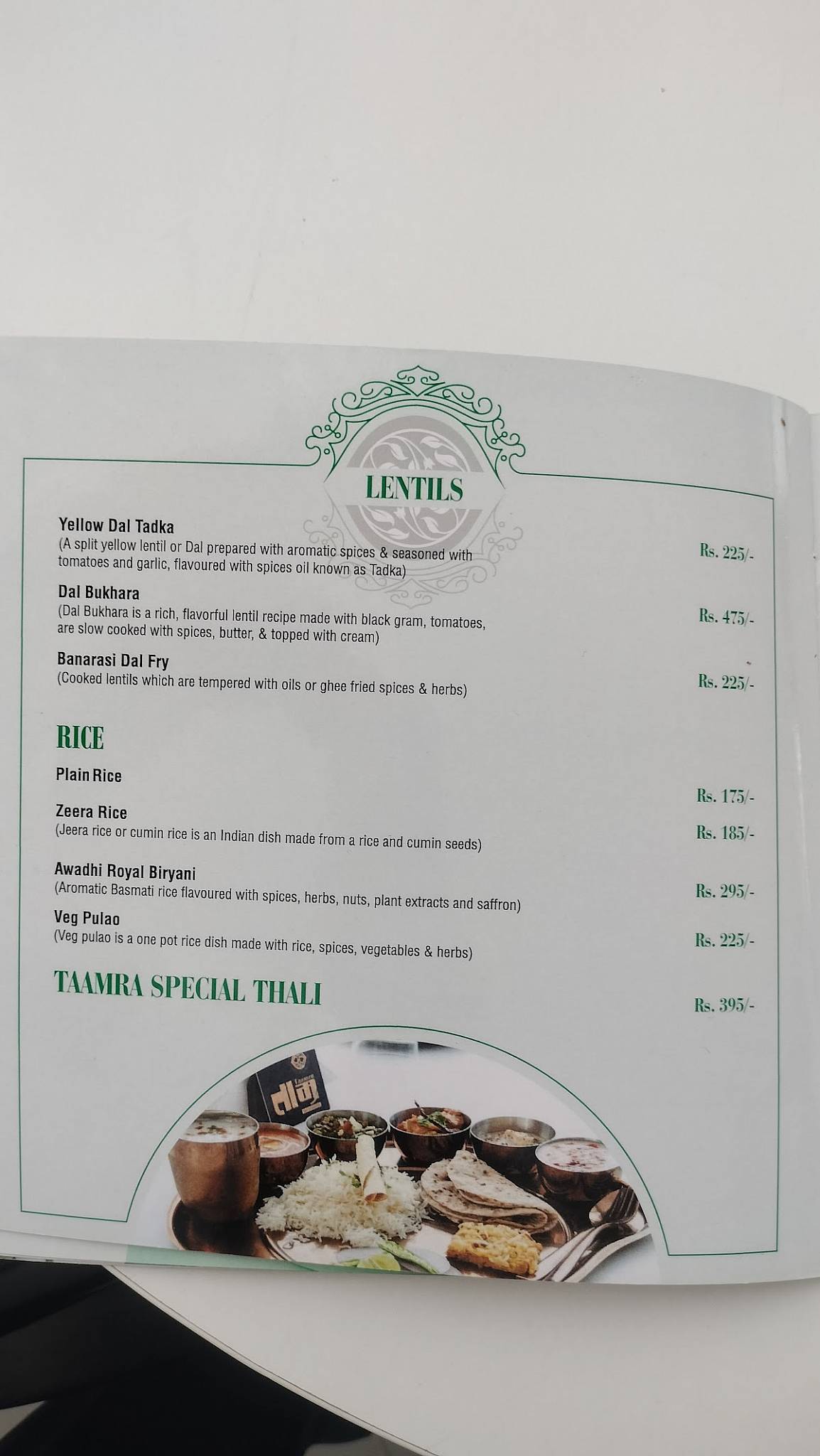 Taamra Restaurant menu
