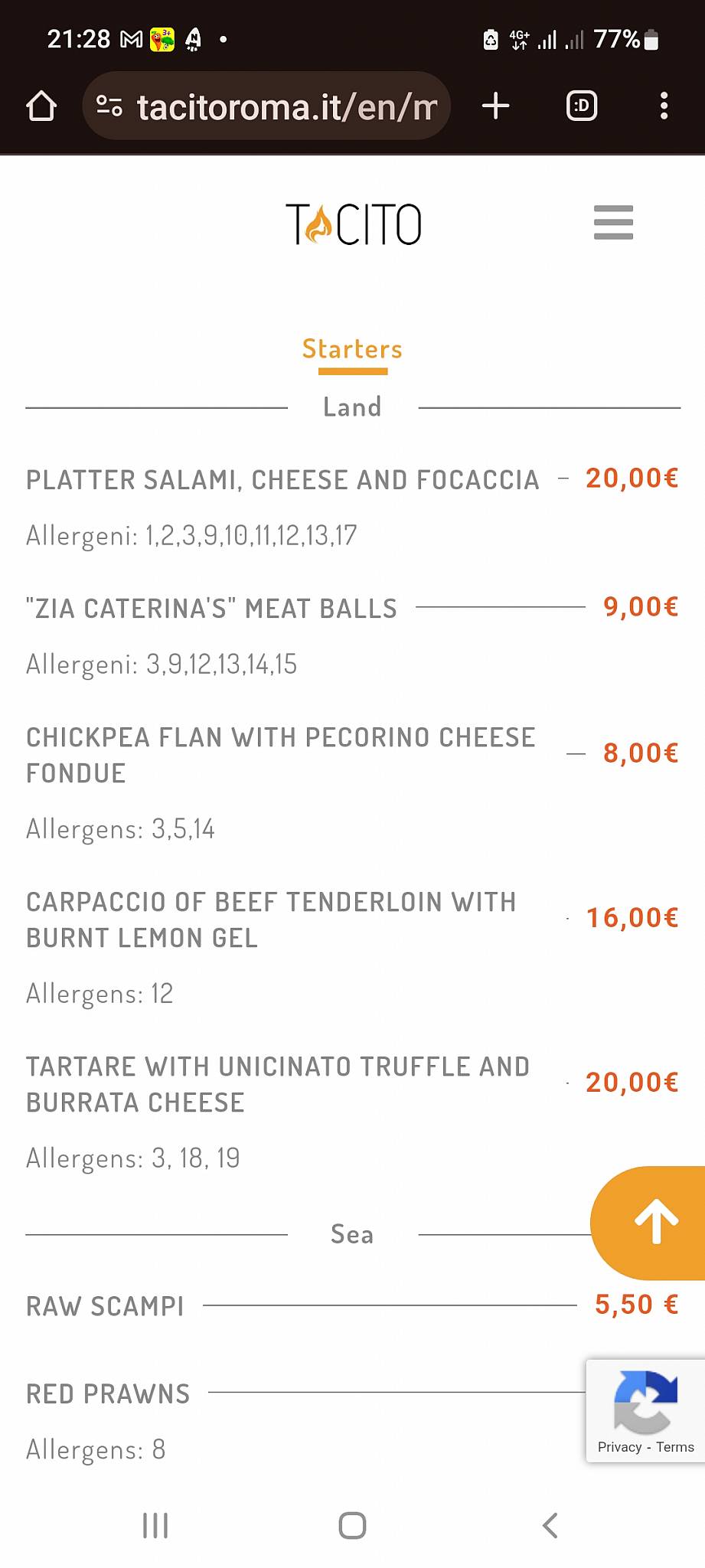 Menu de Tacito