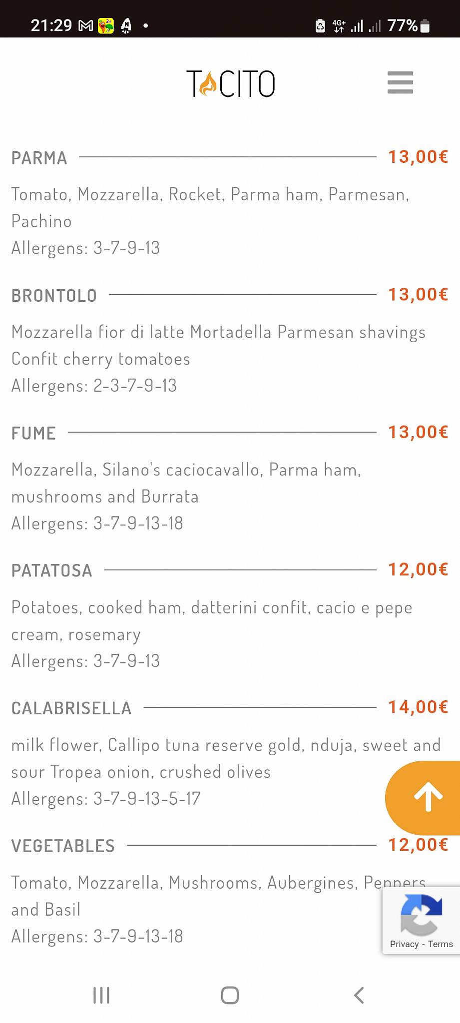 Menu de Tacito