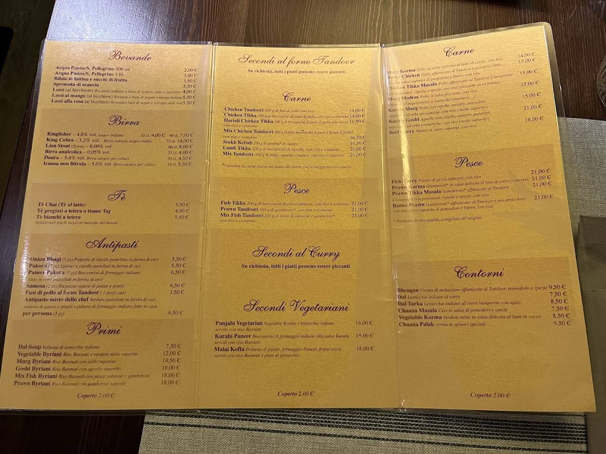 Menu di Taj Mahal Milano dal 1998 Nuova sede-Arco della Pace Cucina indiana 