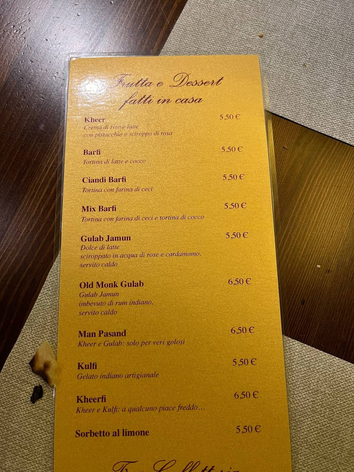 Menu di Taj Mahal Milano dal 1998 Nuova sede-Arco della Pace Cucina indiana 