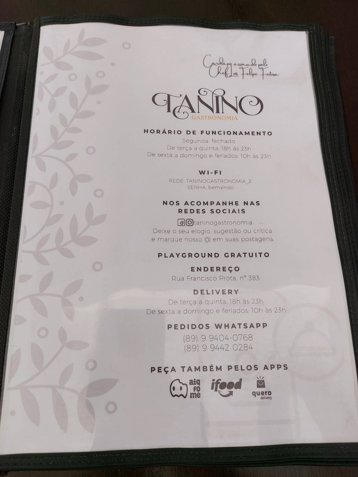 Tanino Gastronomia cardápio